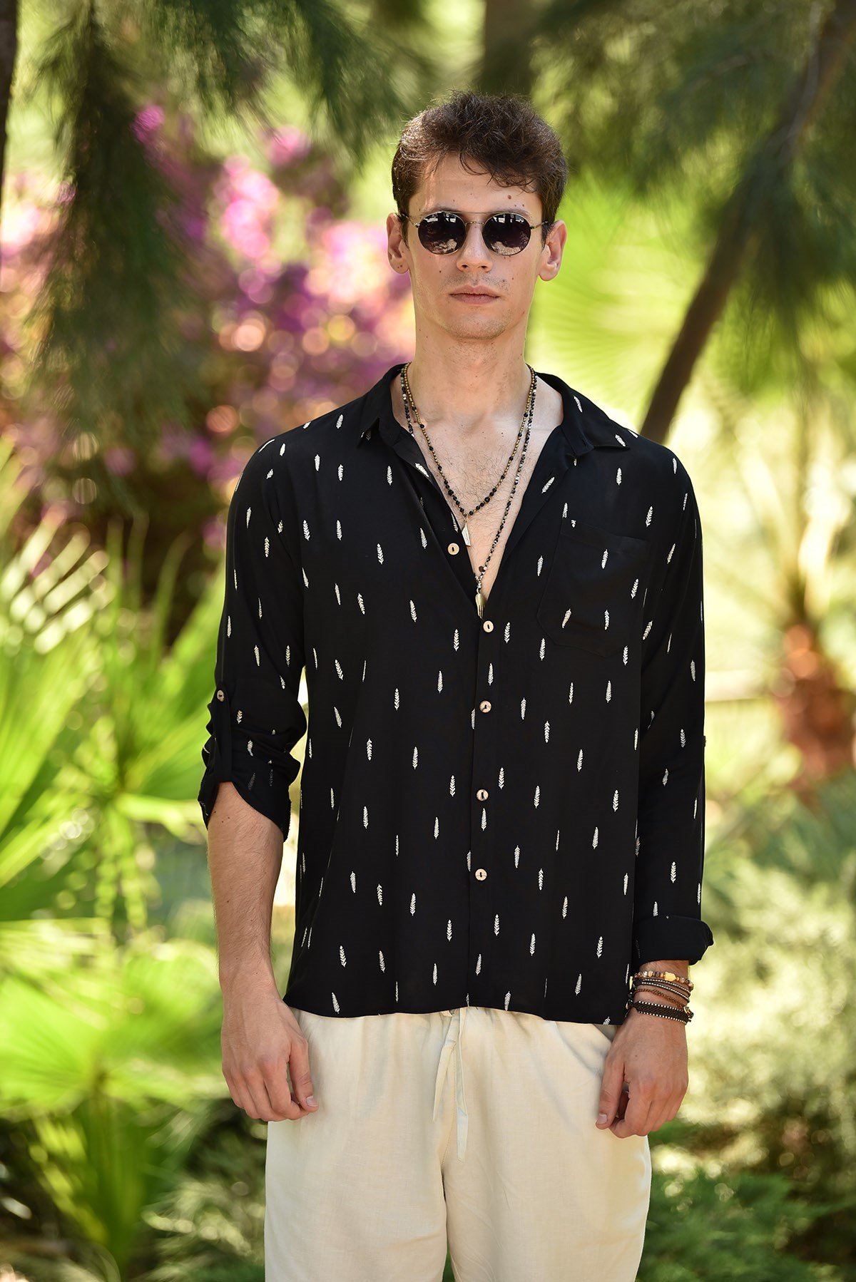 Siyah Tüy Desen Uzun Kol Gömlek - Şaman Butik Siyah Tüy Desen Uzun Kol Gömlek