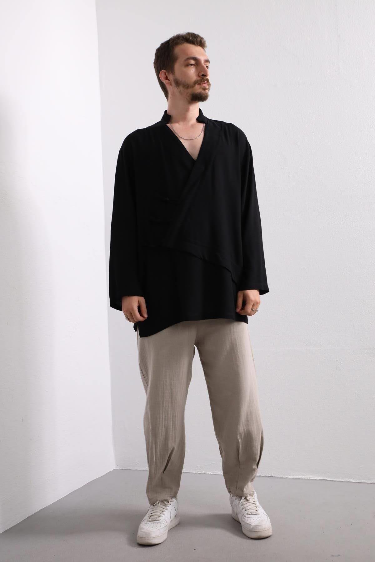  Siyah V Yaka Asimetrik Kesim Keten Gömlek