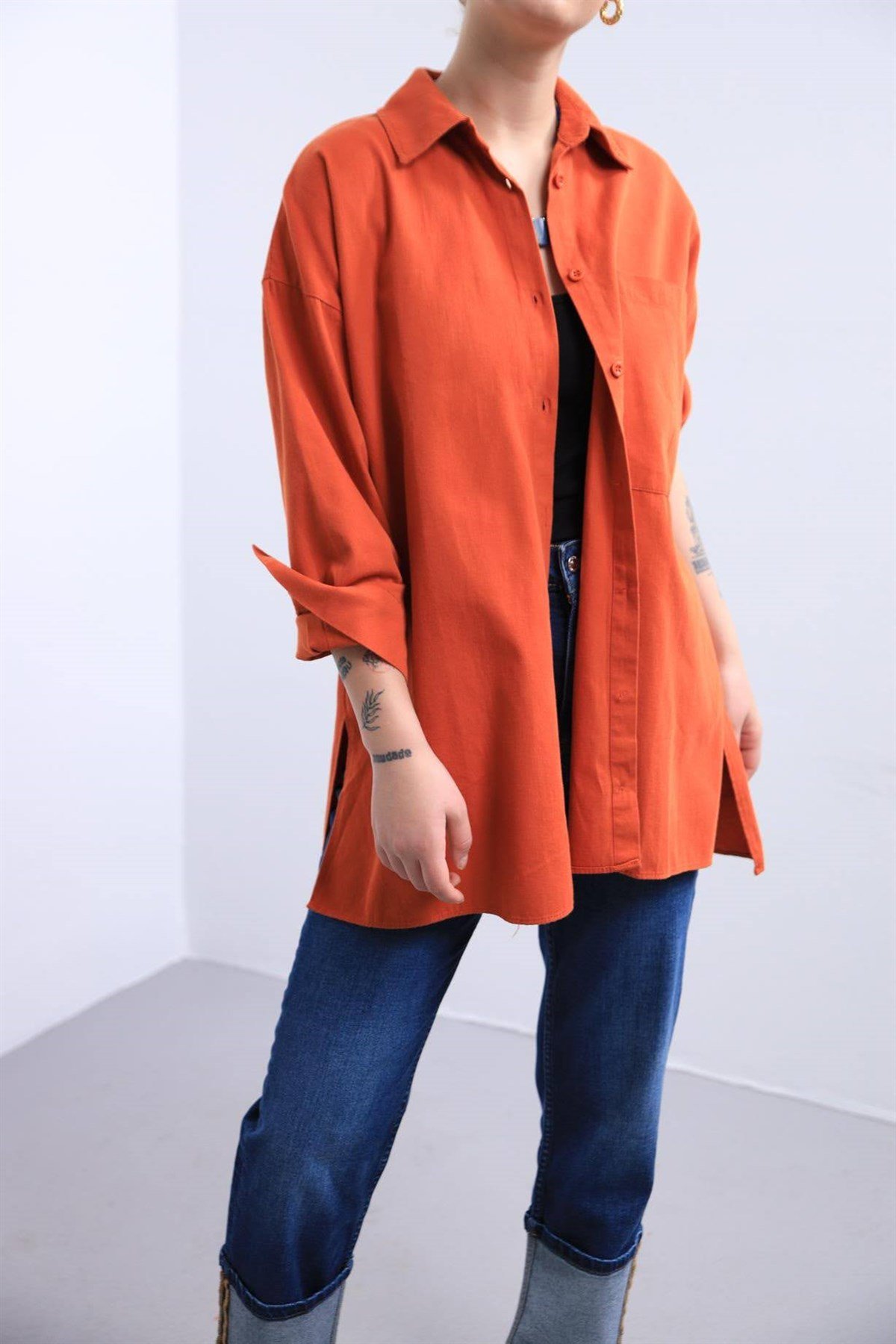 Turuncu Tek Cepli Oversize Gömlek - Şaman Butik Turuncu Tek Cepli Oversize Gömlek