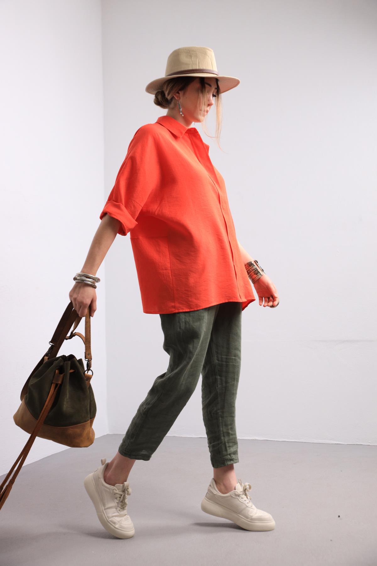  Turuncu Yarasa Kol Arkası Dikişli Gömlek