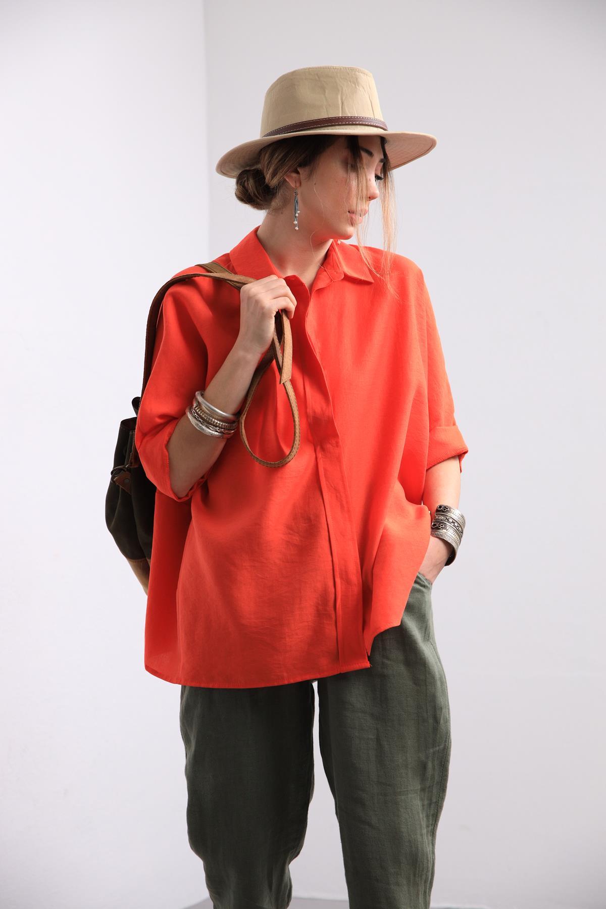  Turuncu Yarasa Kol Arkası Dikişli Gömlek