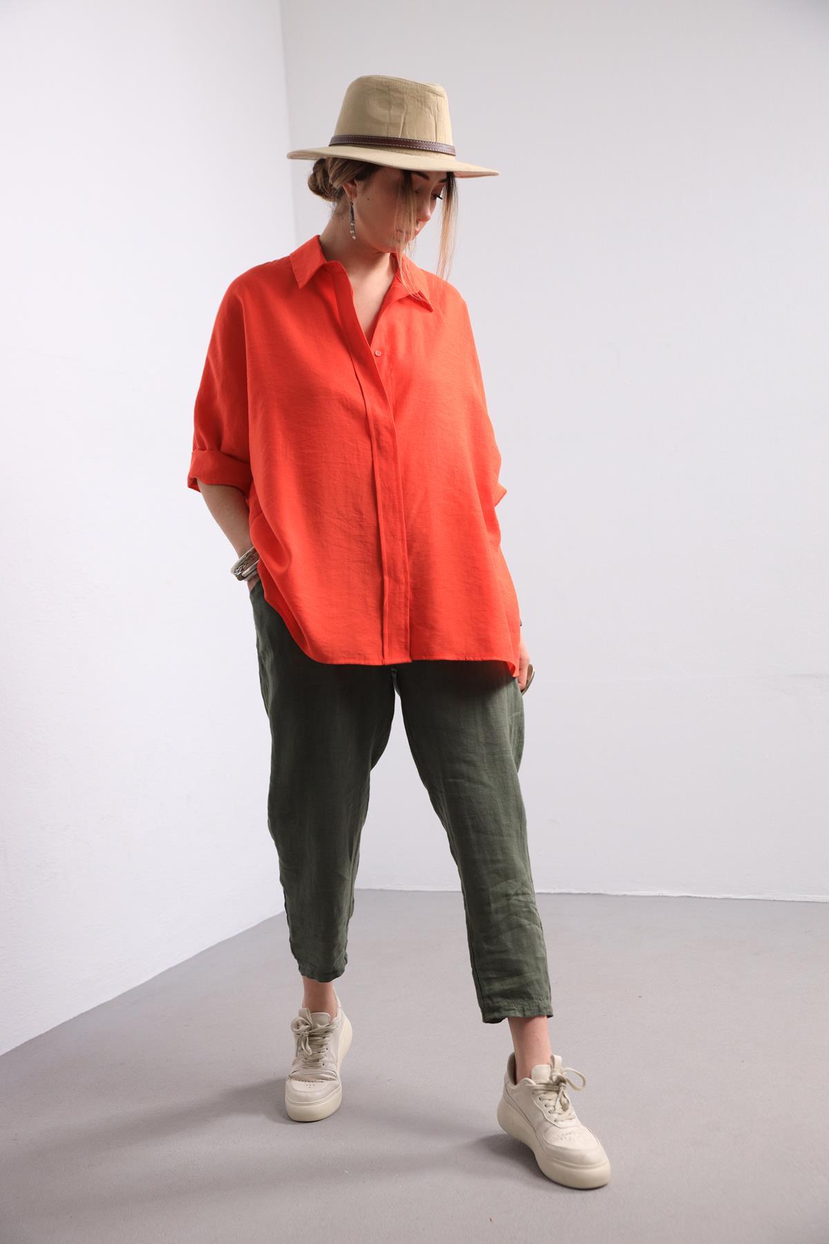  Turuncu Yarasa Kol Arkası Dikişli Gömlek