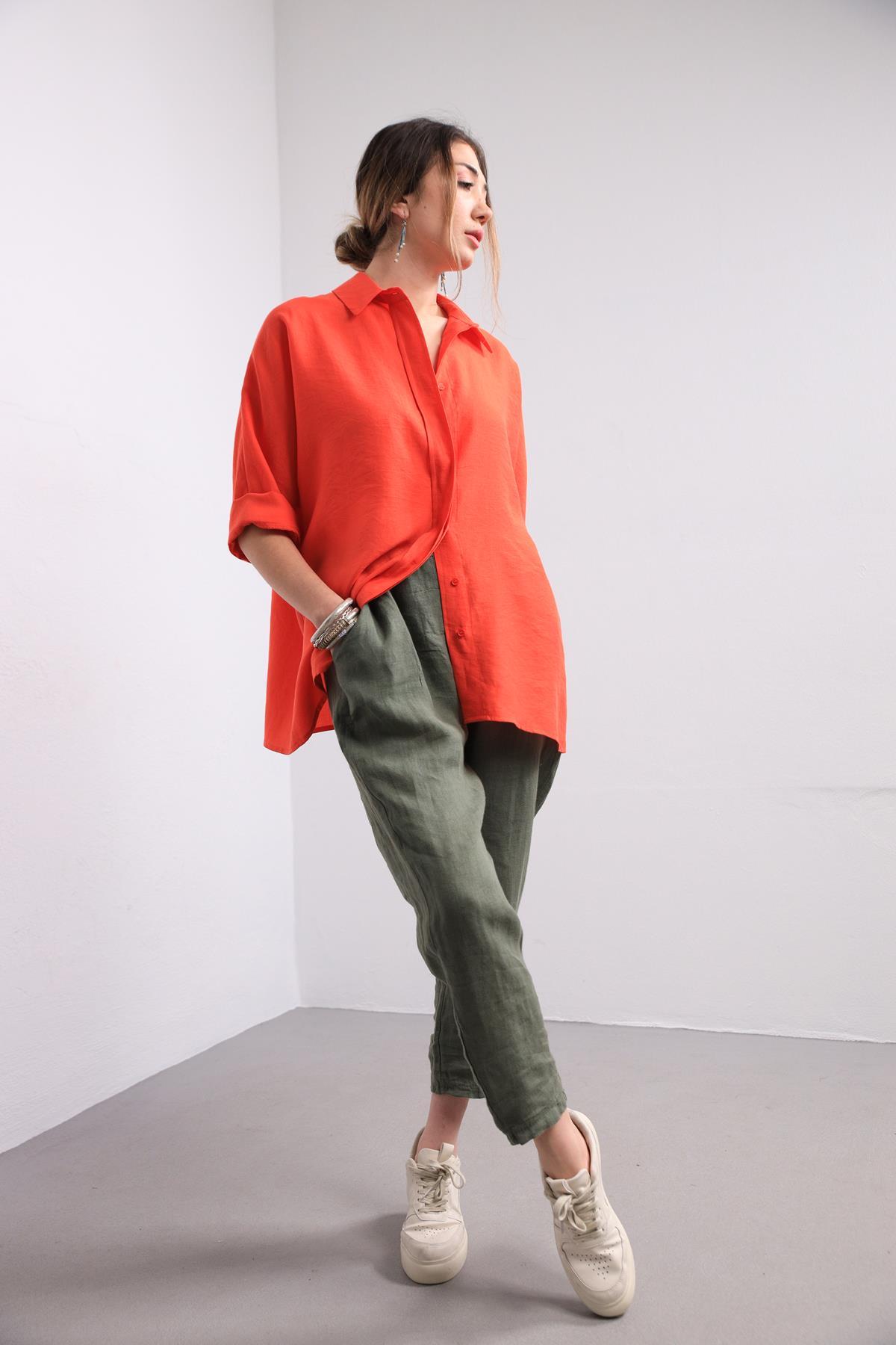  Turuncu Yarasa Kol Arkası Dikişli Gömlek