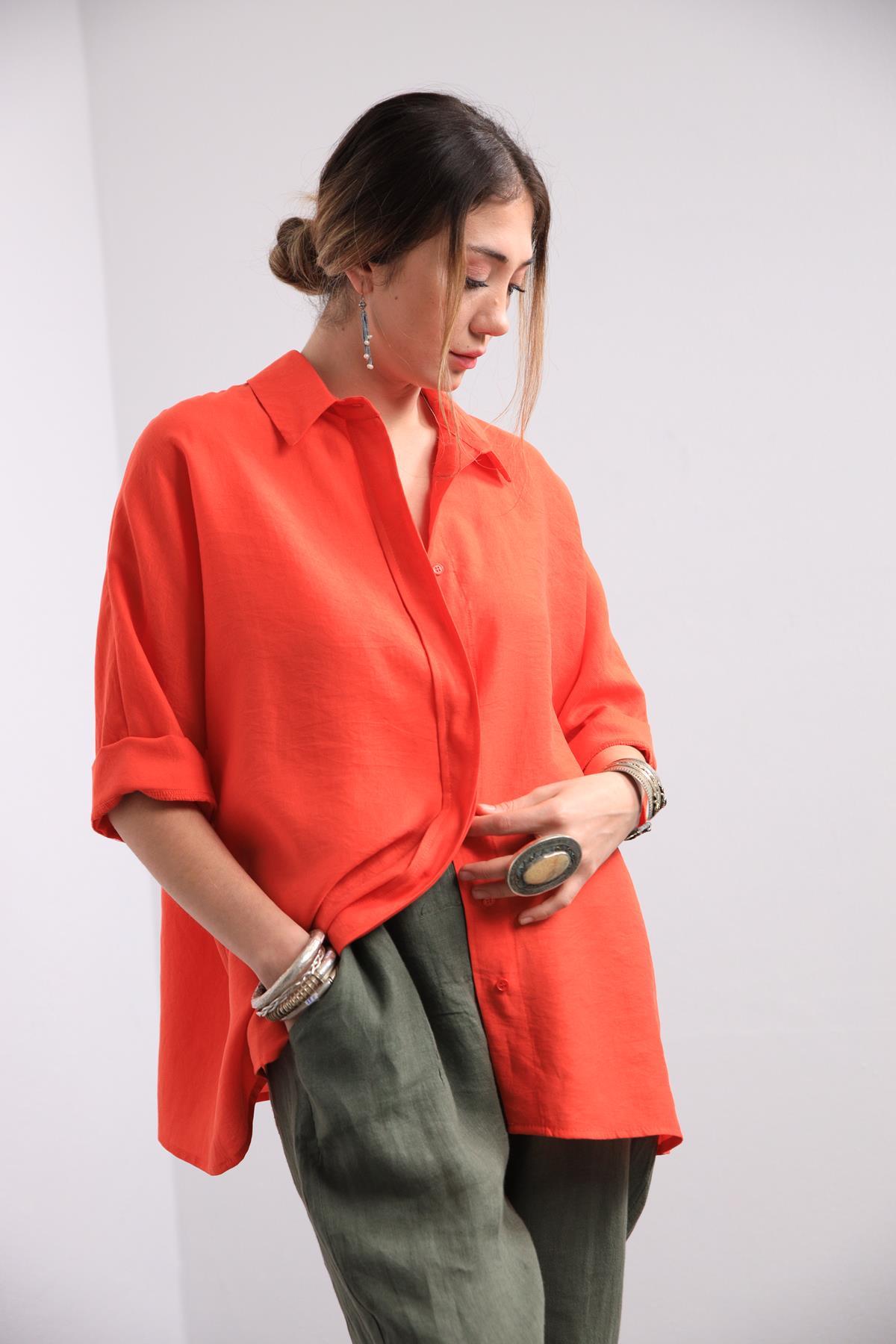  Turuncu Yarasa Kol Arkası Dikişli Gömlek