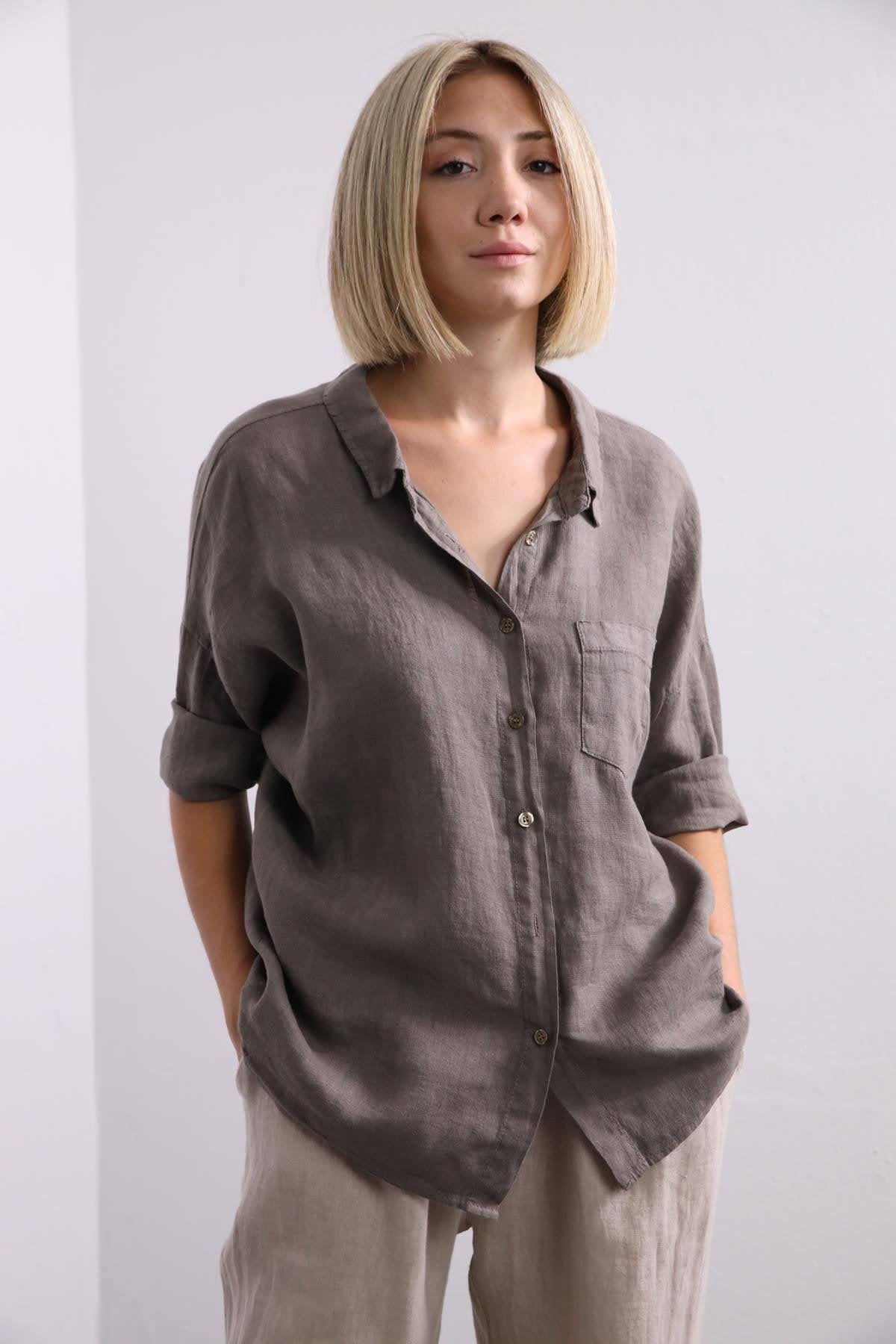 Beige Back Ring Detail Linen Shirt - Şaman Butik | Shop Online Beige Back Ring Detail Linen Shirt