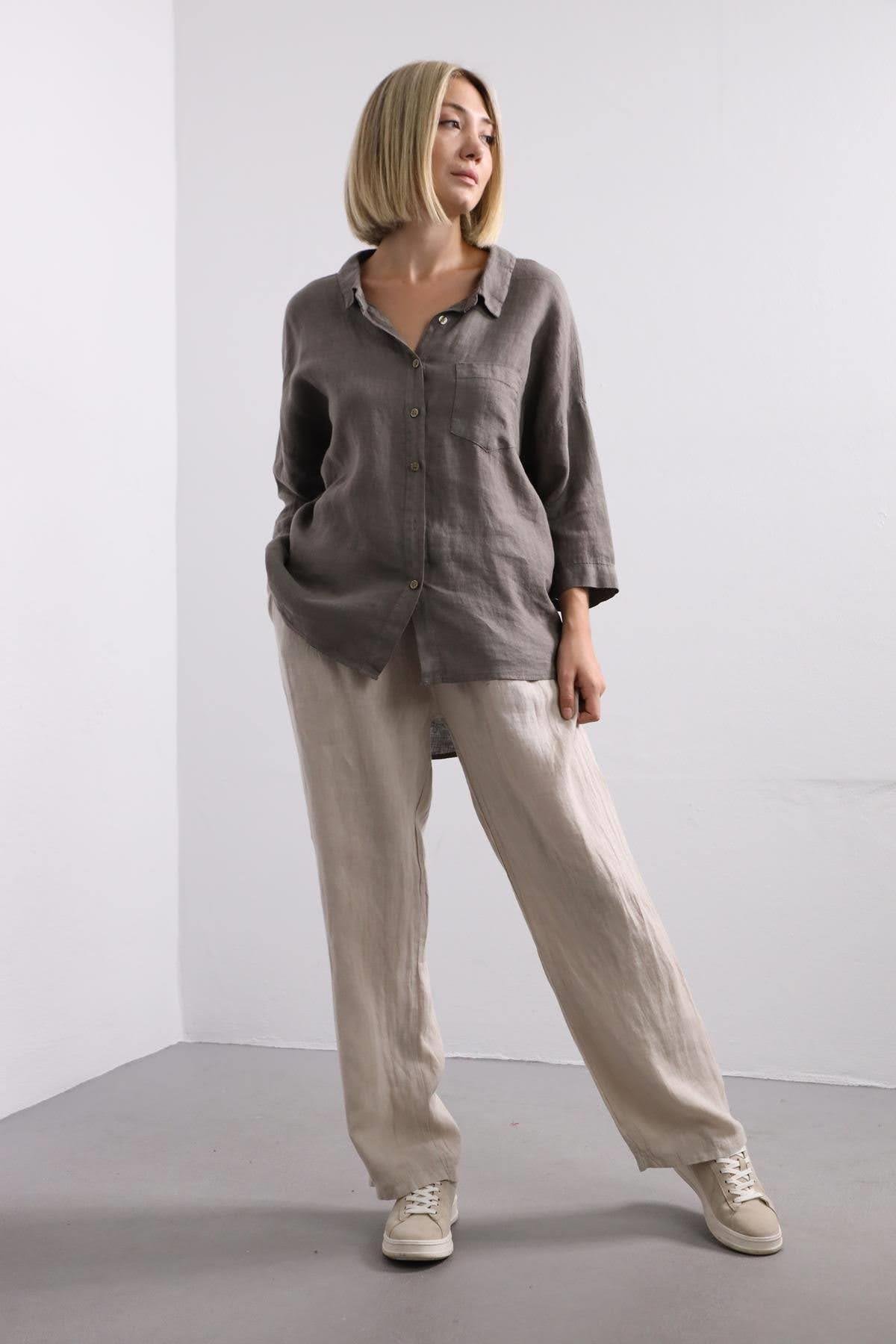 Beige Back Ring Detail Linen Shirt - Şaman Butik | Shop Online Beige Back Ring Detail Linen Shirt