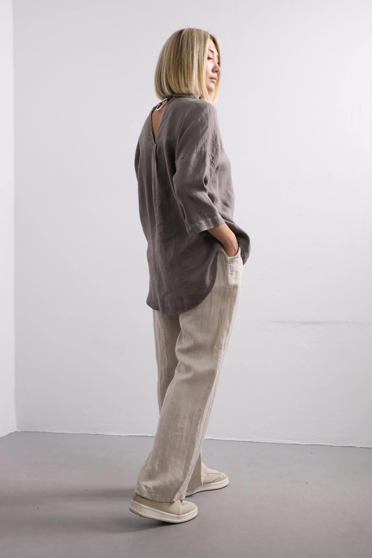 Beige Back Ring Detail Linen Shirt - Şaman Butik | Shop Online Beige Back Ring Detail Linen Shirt