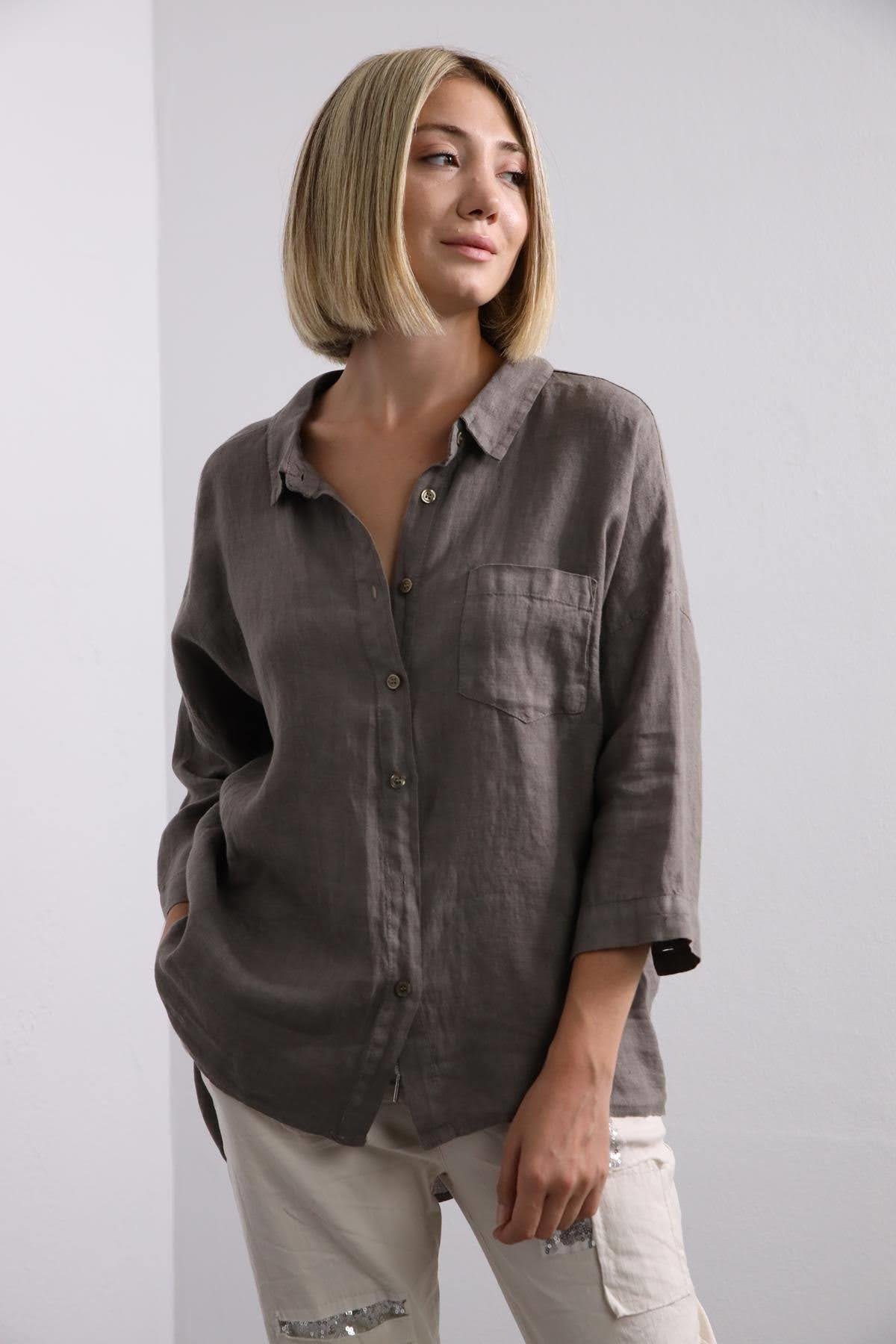 Beige Back Ring Detail Linen Shirt - Şaman Butik | Shop Online Beige Back Ring Detail Linen Shirt