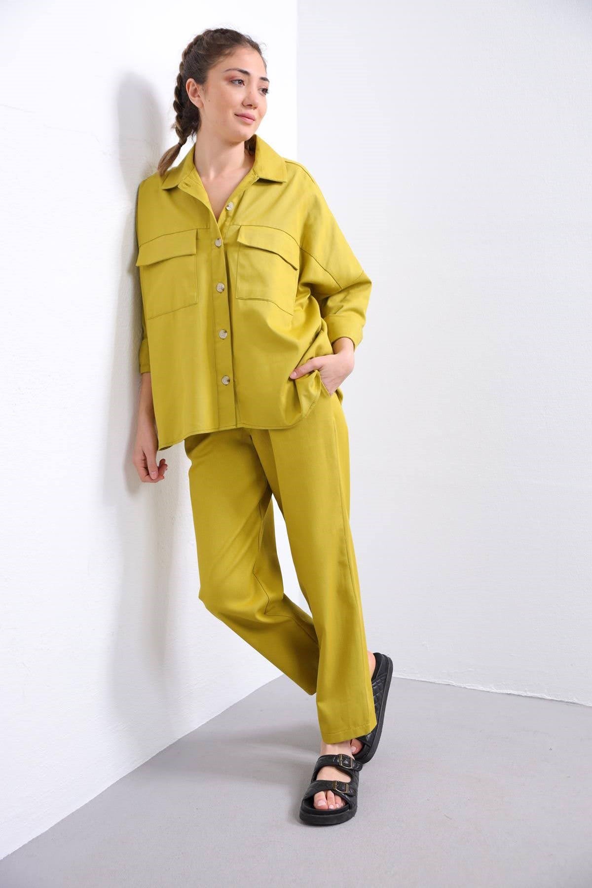  Yağ Yeşili Çift Cepli Gömlek