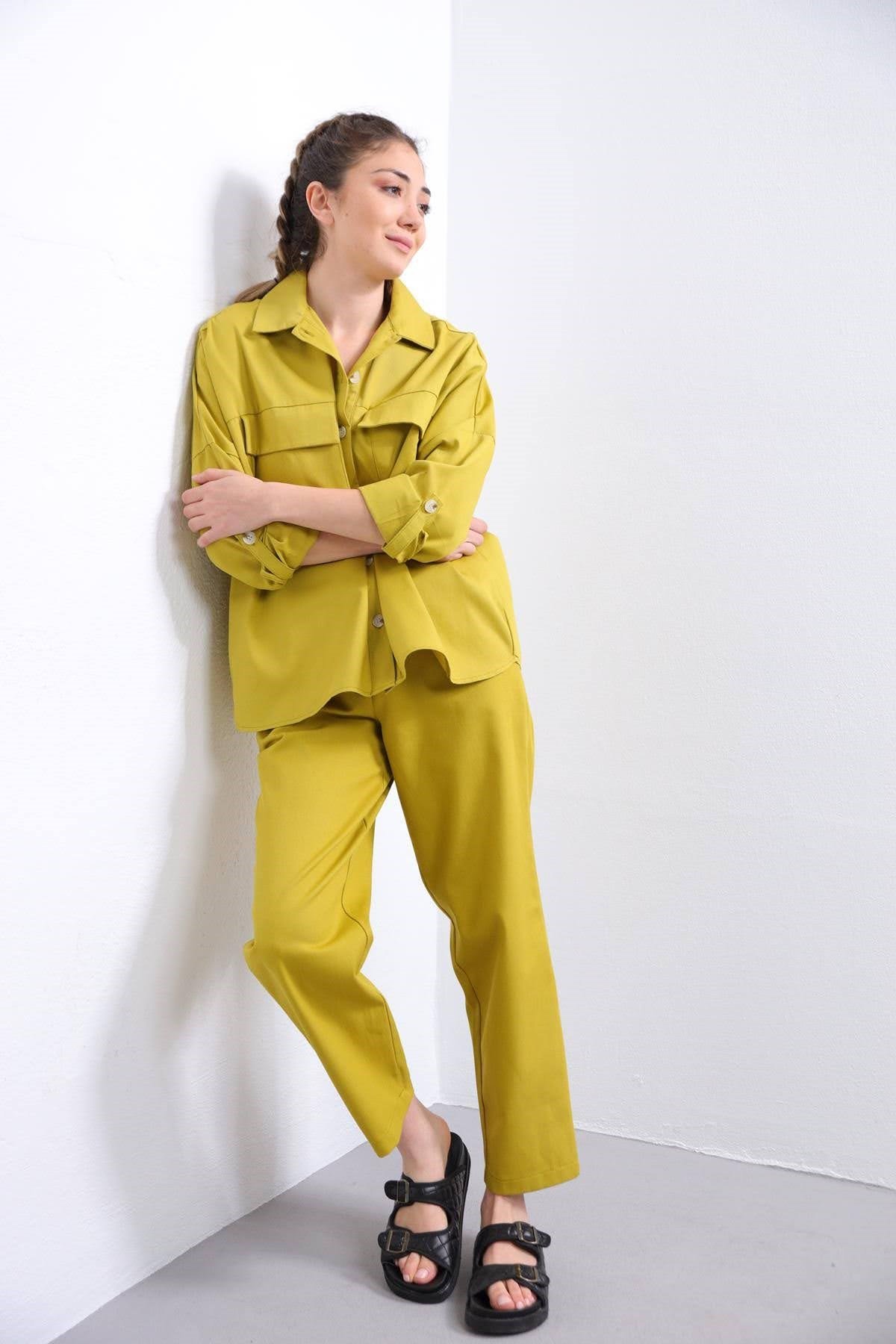  Yağ Yeşili Çift Cepli Gömlek