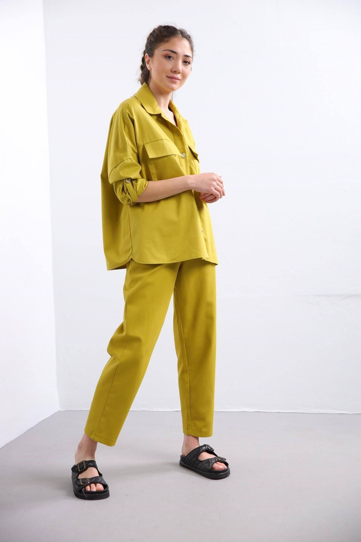  Yağ Yeşili Çift Cepli Gömlek