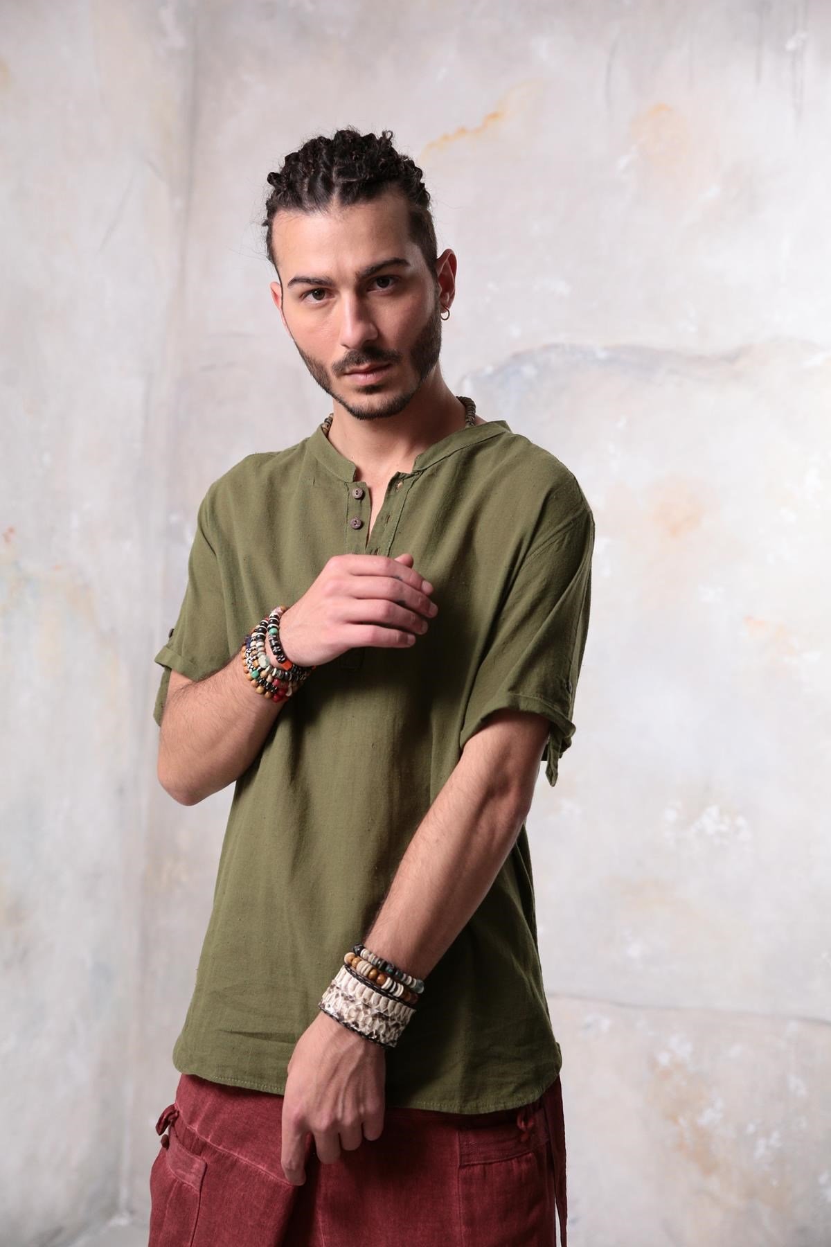 Green Buttoned Short Sleeve Mandarin Collar Men's Shirt - Şaman Butik | Shop Online Green Buttoned Short Sleeve Mandarin Collar Men's Shirt