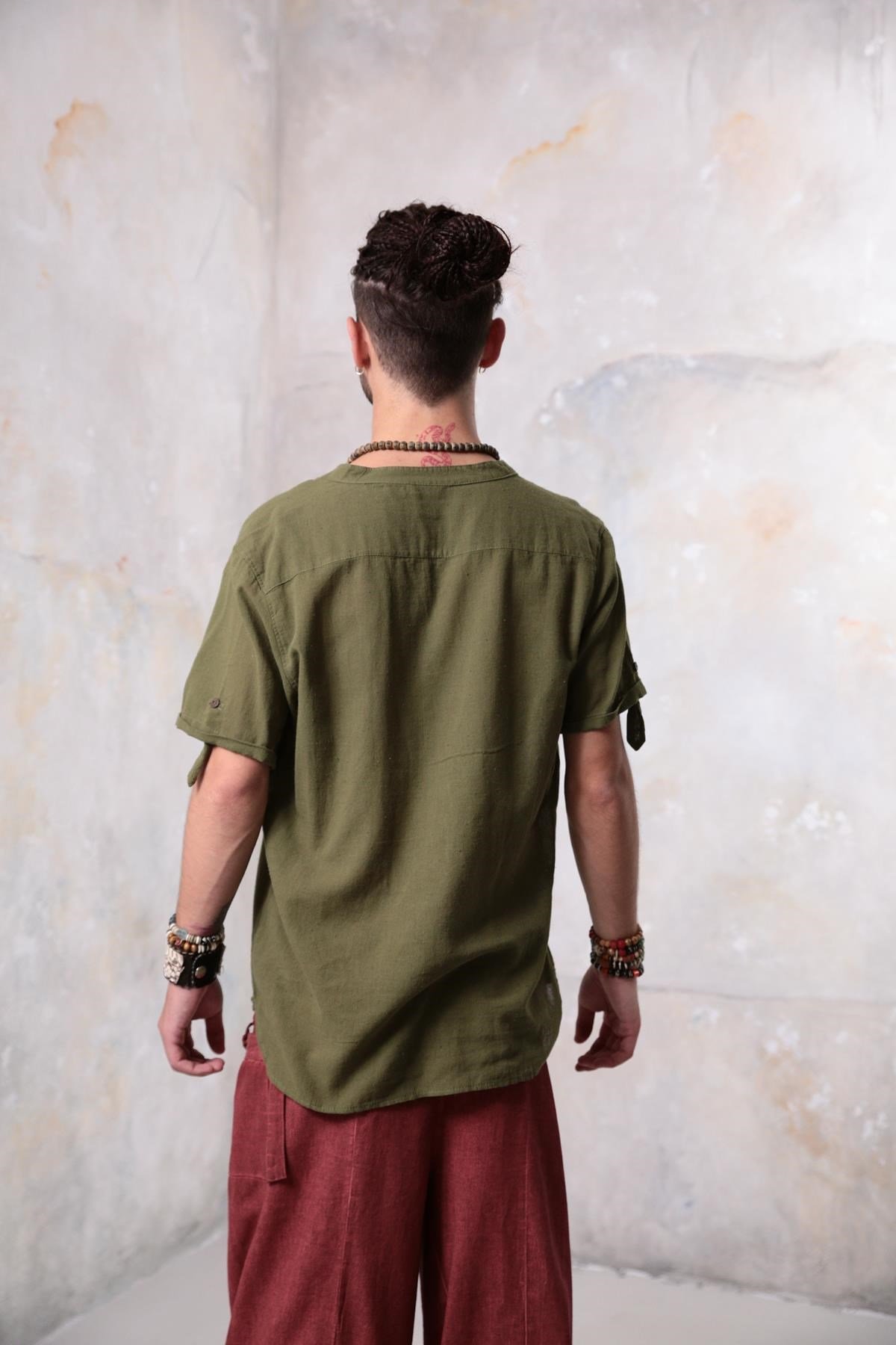 Green Buttoned Short Sleeve Mandarin Collar Men's Shirt - Şaman Butik | Shop Online Green Buttoned Short Sleeve Mandarin Collar Men's Shirt
