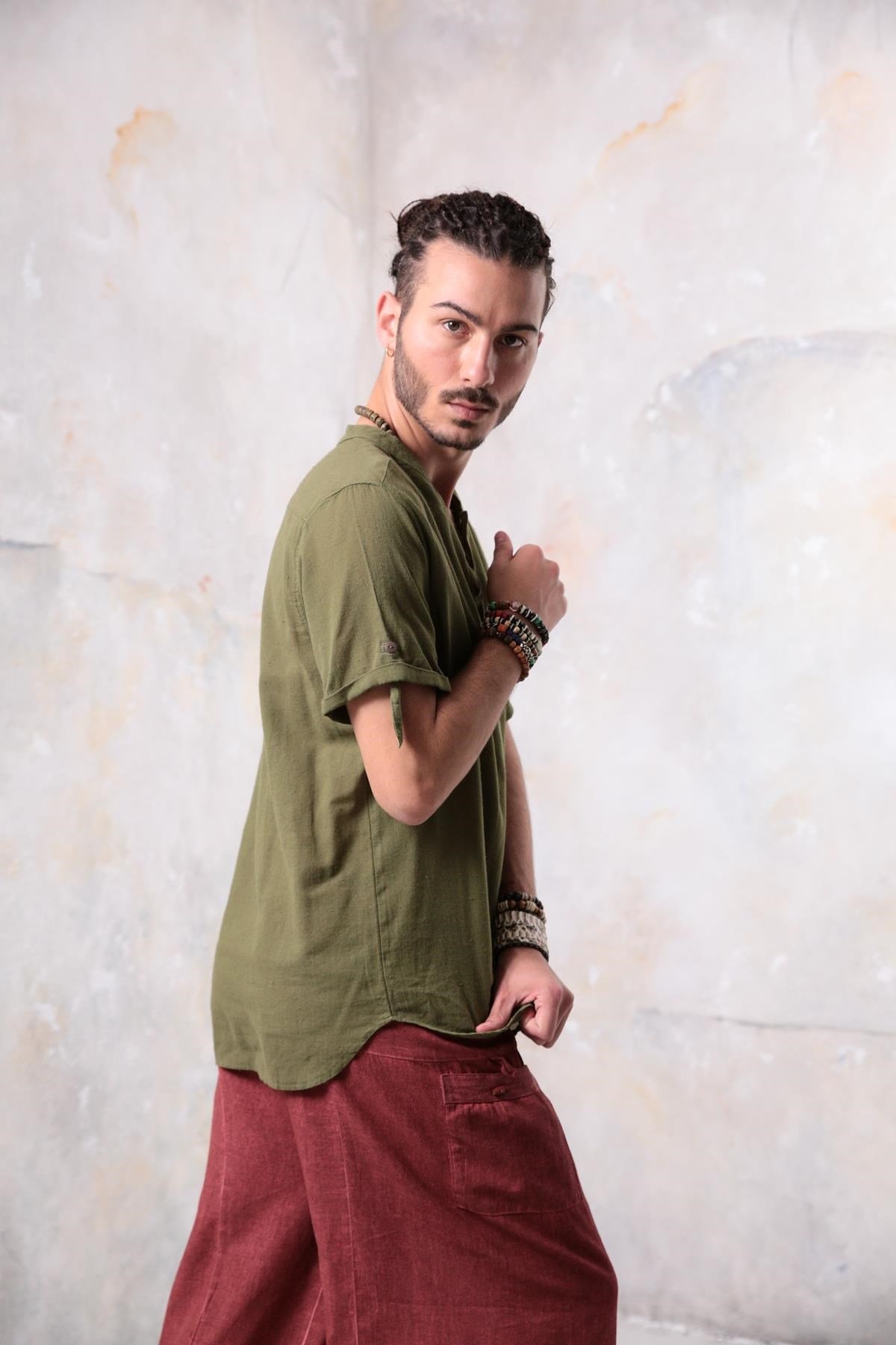 Green Buttoned Short Sleeve Mandarin Collar Men's Shirt - Şaman Butik | Shop Online Green Buttoned Short Sleeve Mandarin Collar Men's Shirt