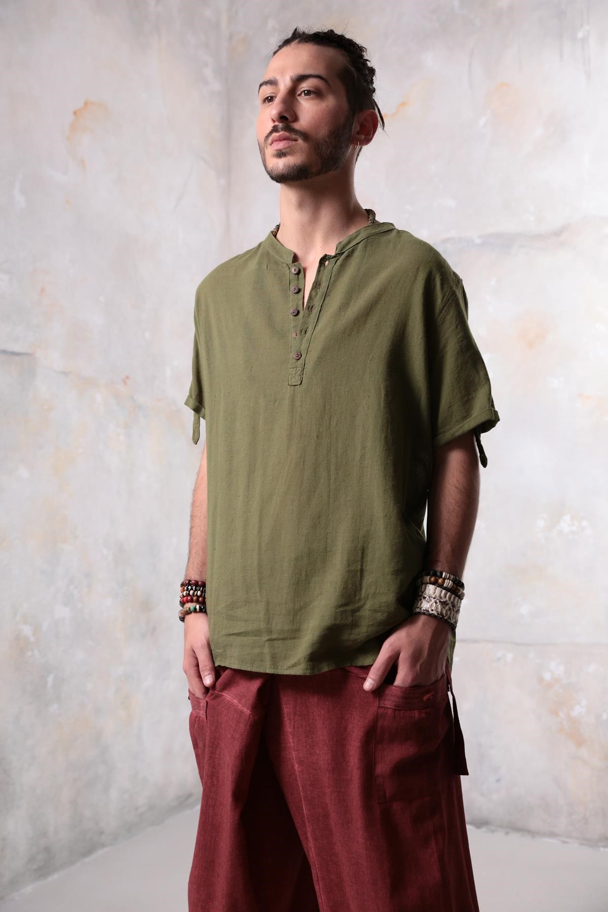 Green Buttoned Short Sleeve Mandarin Collar Men's Shirt - Şaman Butik | Shop Online Green Buttoned Short Sleeve Mandarin Collar Men's Shirt