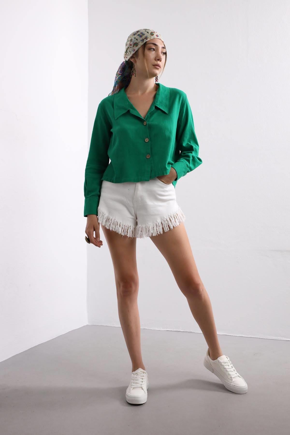  Yeşil Tahta Düğmeli Kısa Gömlek