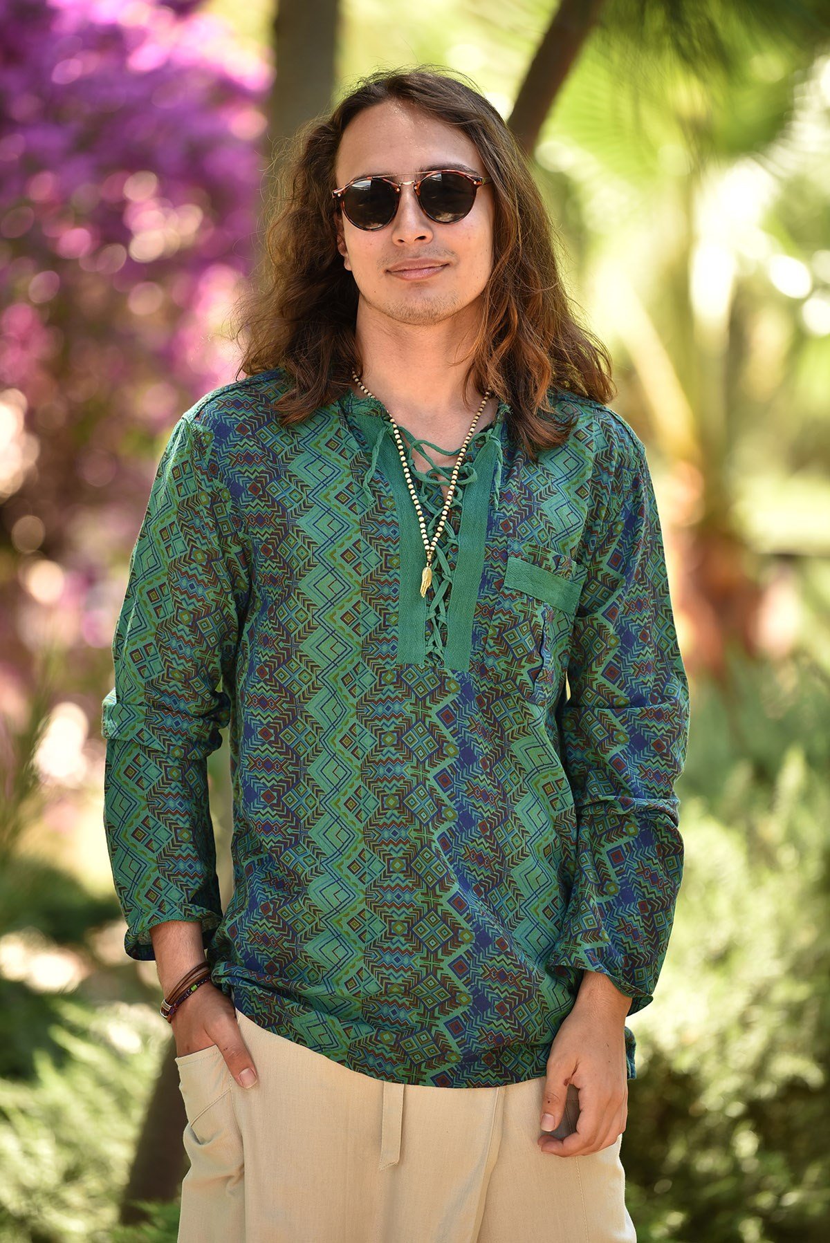 Zeytin Yeşil Desenli Yakası Bağcıklı Bohem Erkek Gömlek - Şaman Butik  - Online Alışveriş Sitesi | Kadın ve Erkek Giyim Zeytin Yeşil Desenli Yakası Bağcıklı Bohem Erkek Gömlek