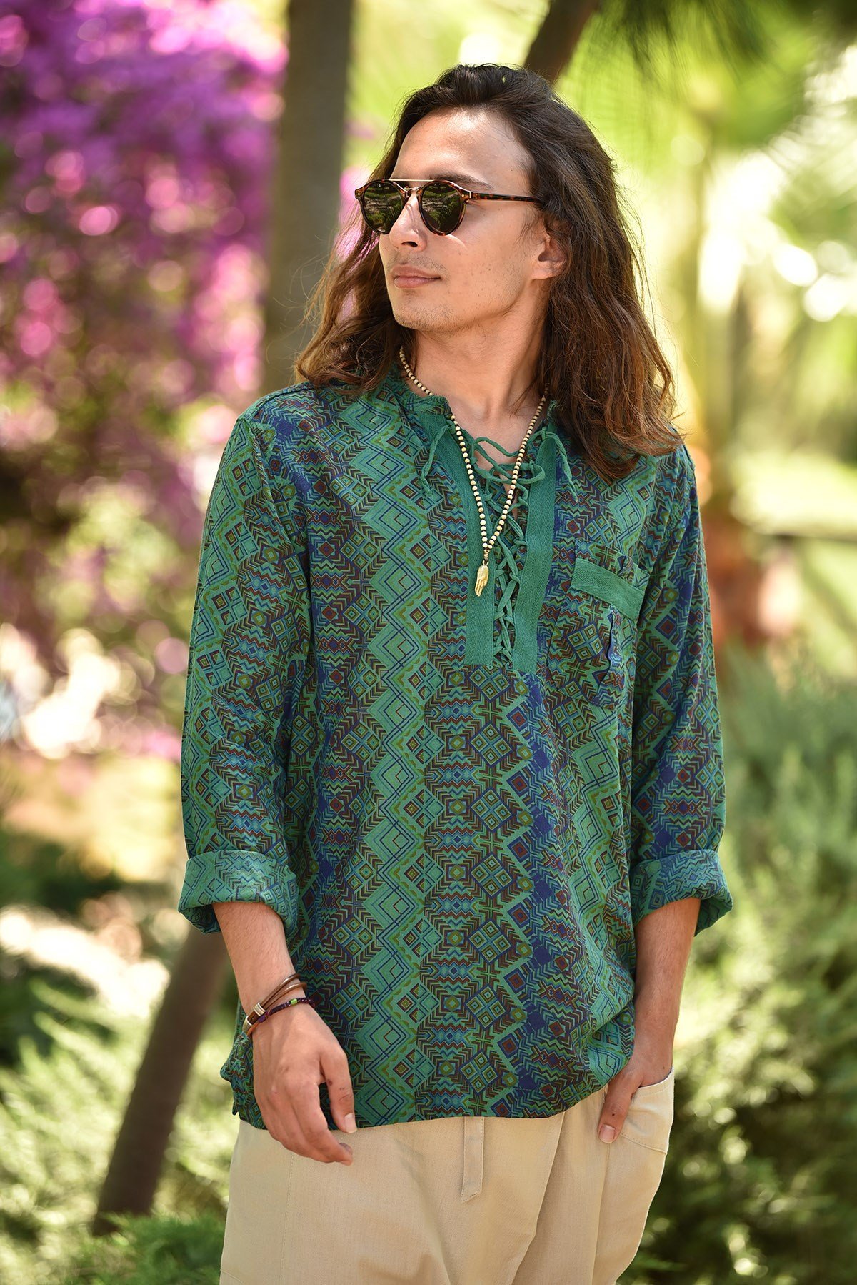 Zeytin Yeşil Desenli Yakası Bağcıklı Bohem Erkek Gömlek - Şaman Butik  - Online Alışveriş Sitesi | Kadın ve Erkek Giyim Zeytin Yeşil Desenli Yakası Bağcıklı Bohem Erkek Gömlek