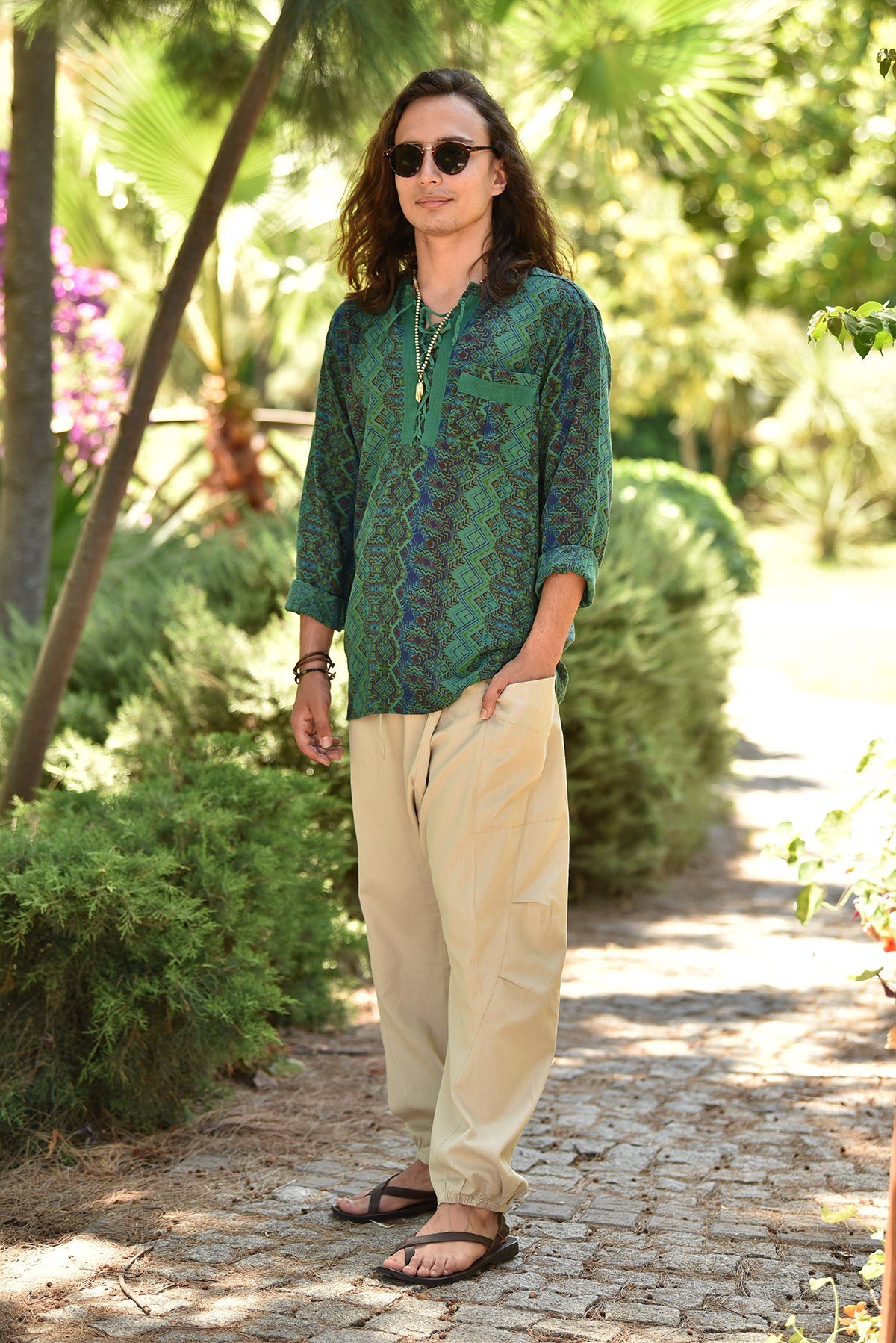 Zeytin Yeşil Desenli Yakası Bağcıklı Bohem Erkek Gömlek - Şaman Butik  - Online Alışveriş Sitesi | Kadın ve Erkek Giyim Zeytin Yeşil Desenli Yakası Bağcıklı Bohem Erkek Gömlek