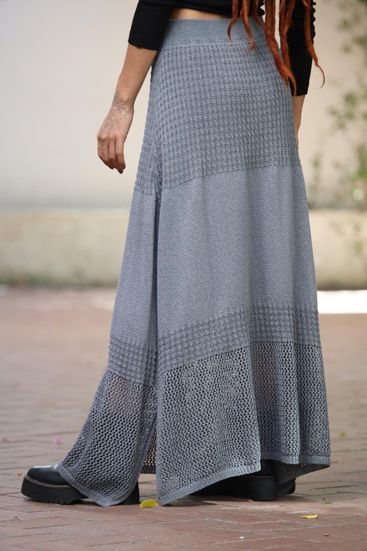 Gri File Detay Yırtmaçlı Örme Etek