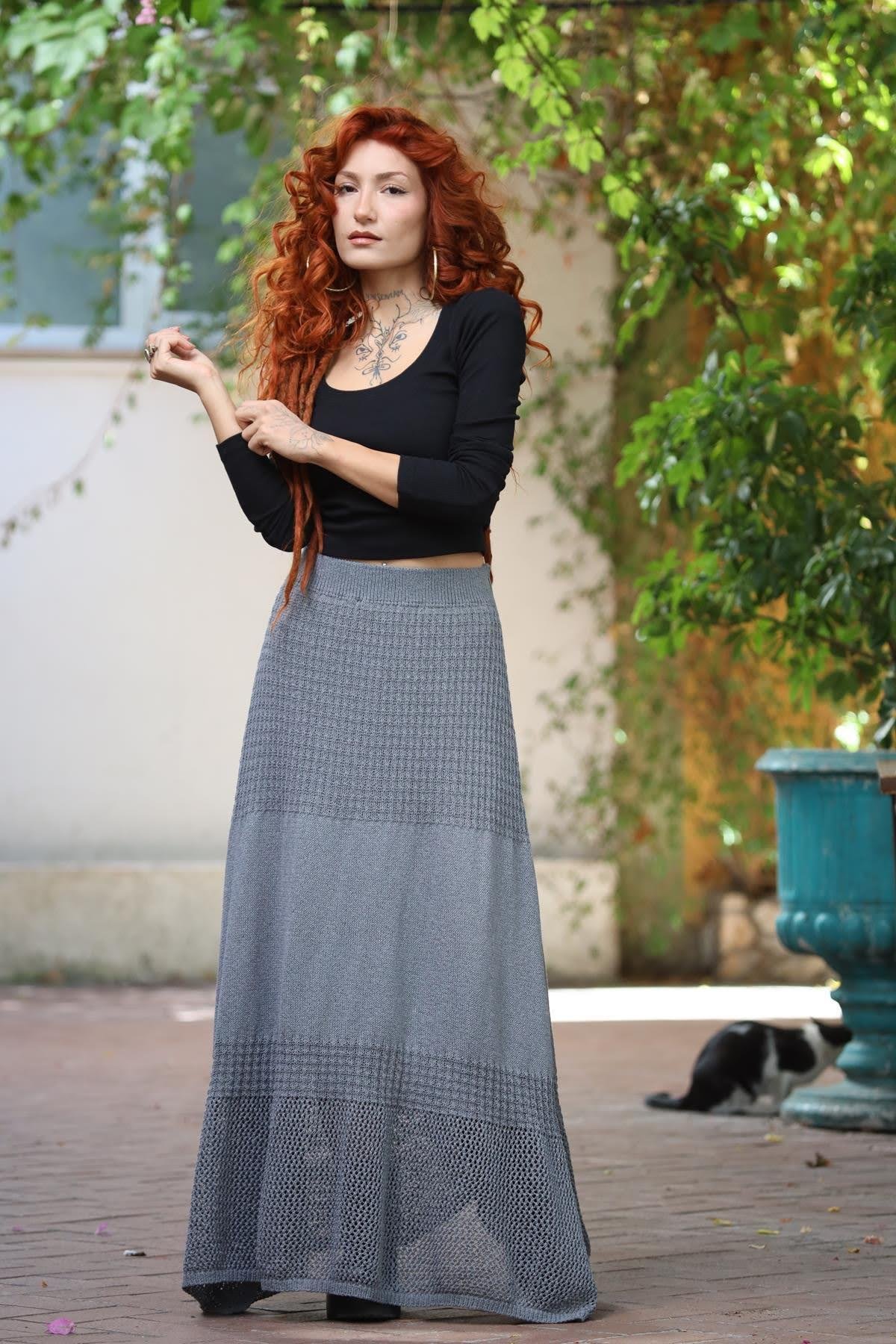 Gri File Detay Yırtmaçlı Örme Etek