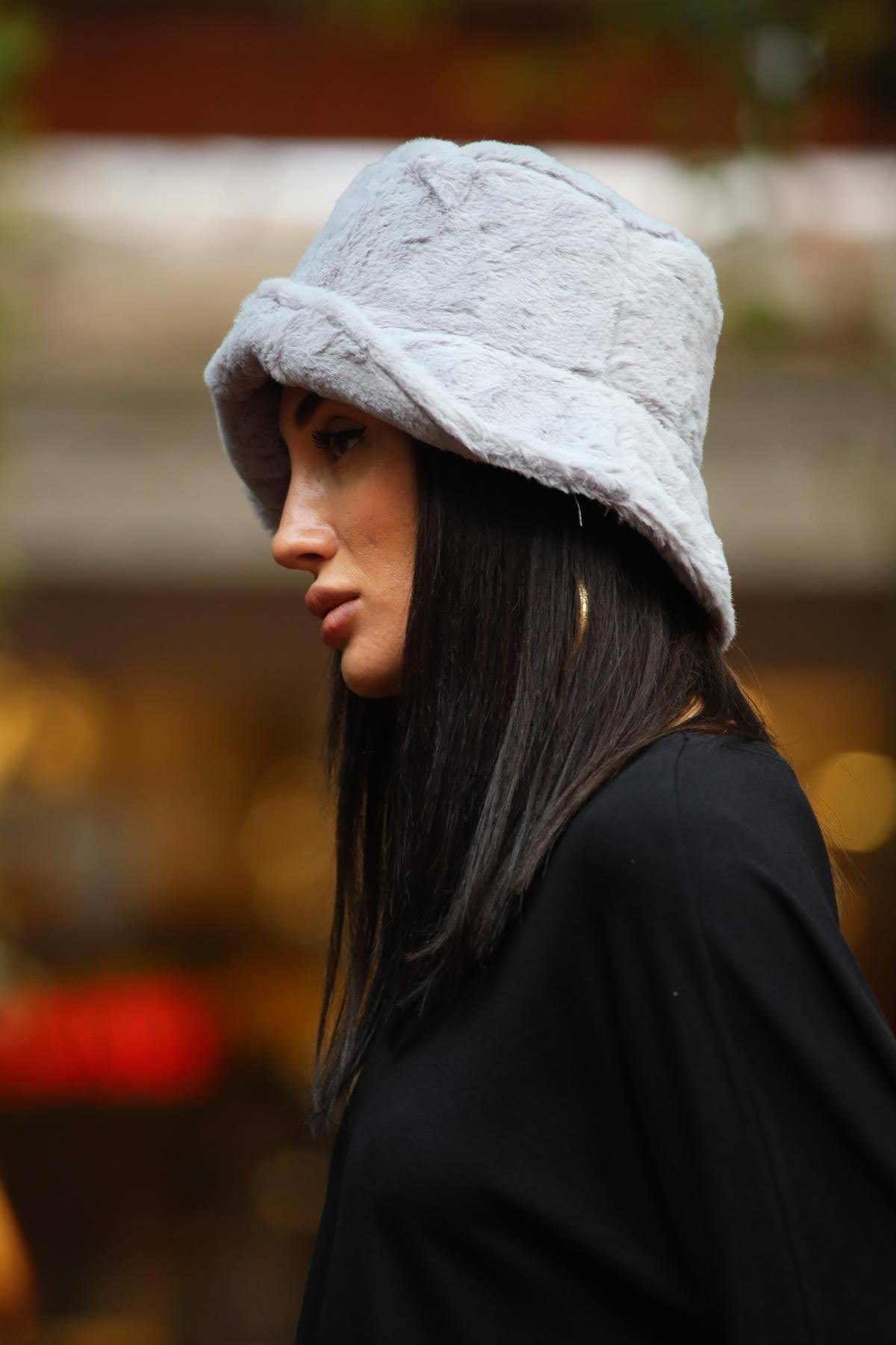 Gri Peluş Bucket Şapka