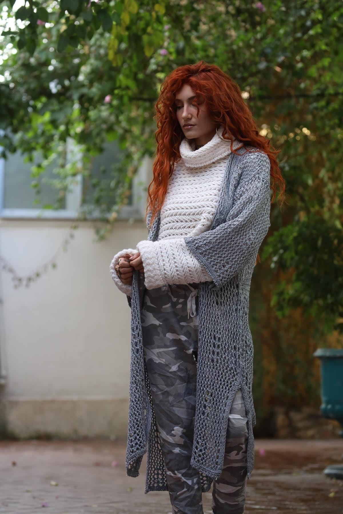 Gri Uzun Lase Triko Hırka