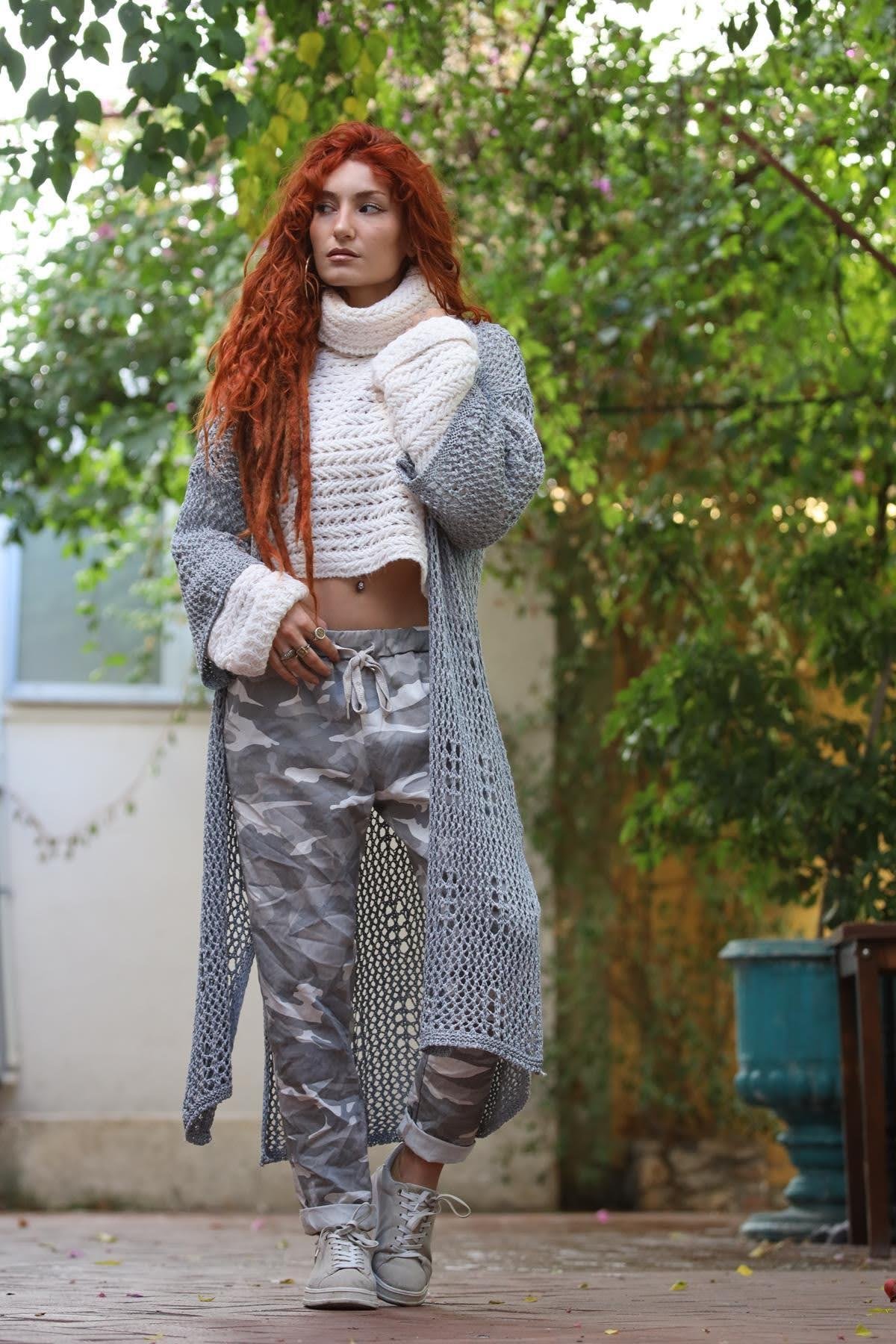 Gri Uzun Lase Triko Hırka