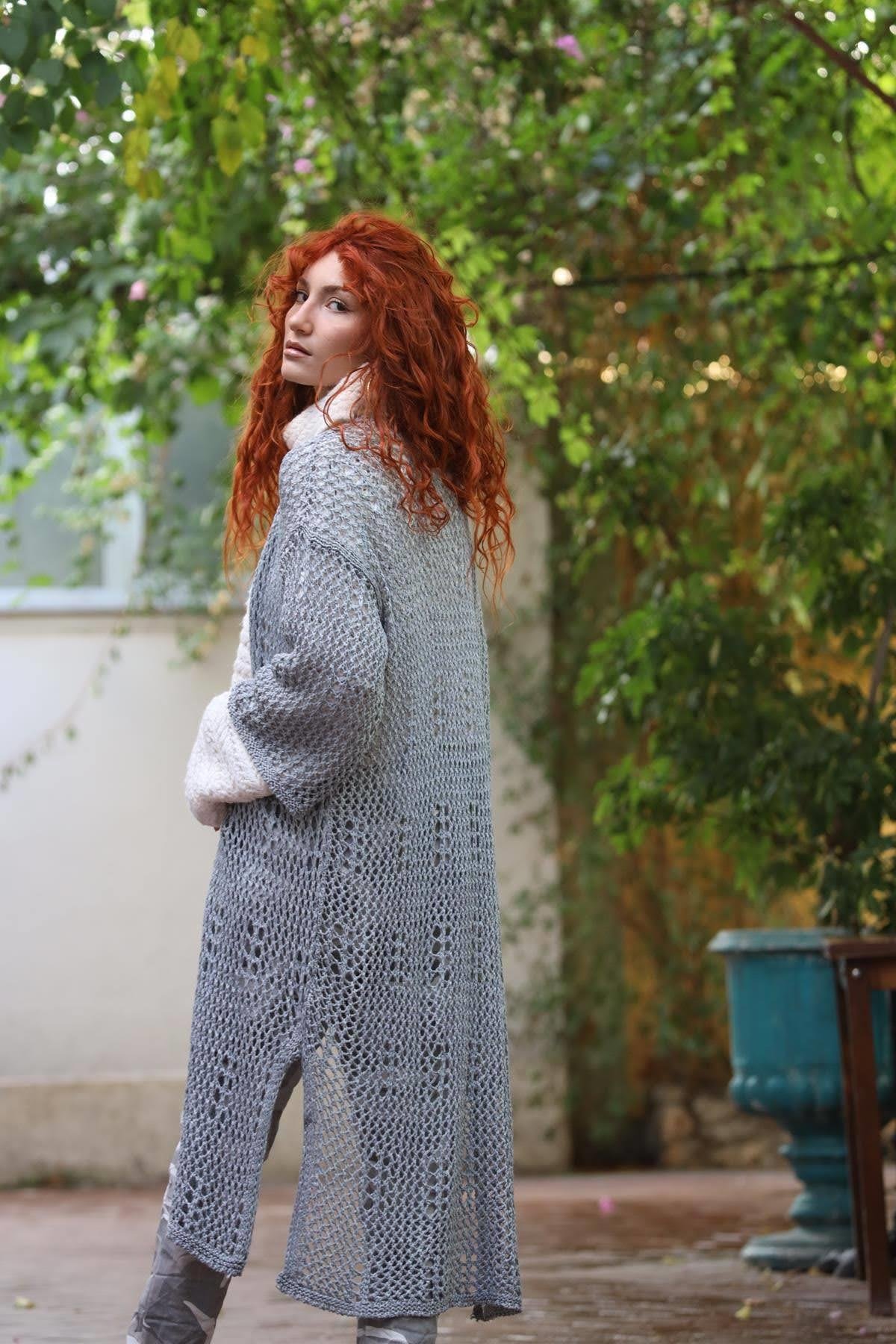 Gri Uzun Lase Triko Hırka