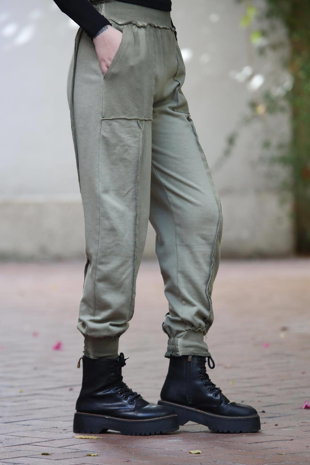 Haki Beli ve Paçası Ribanalı Dikişli Pantolon