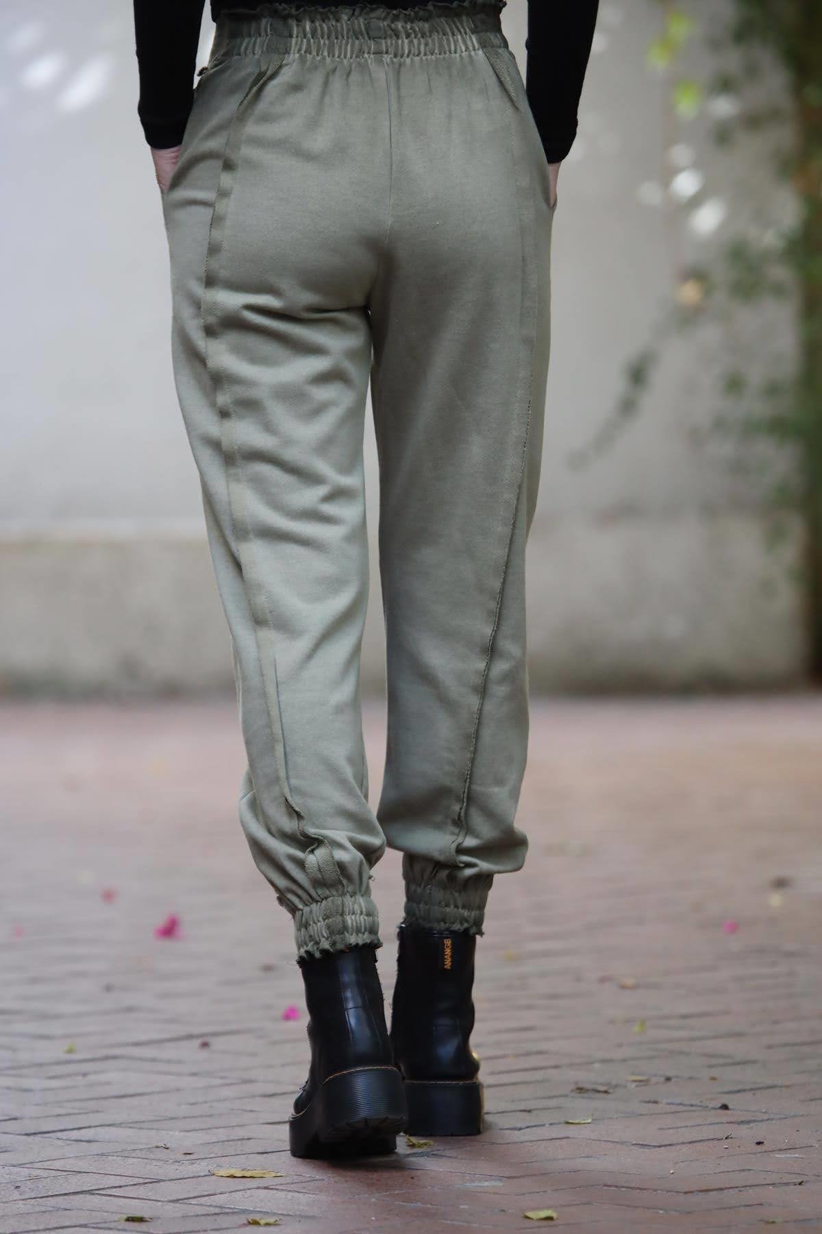 Haki Beli ve Paçası Ribanalı Dikişli Pantolon