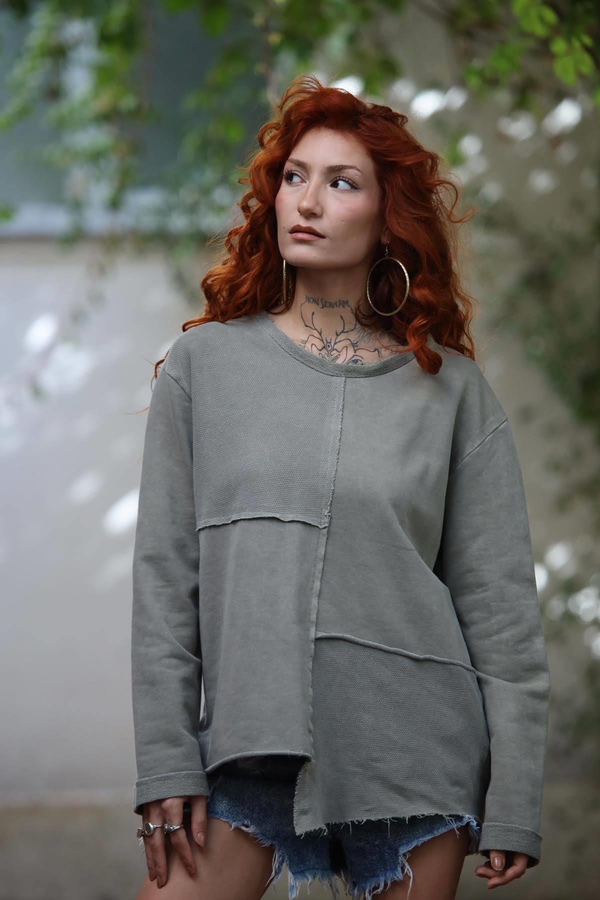 Haki Bisiklet Yaka Dikiş Detaylı Parçalı Sweat