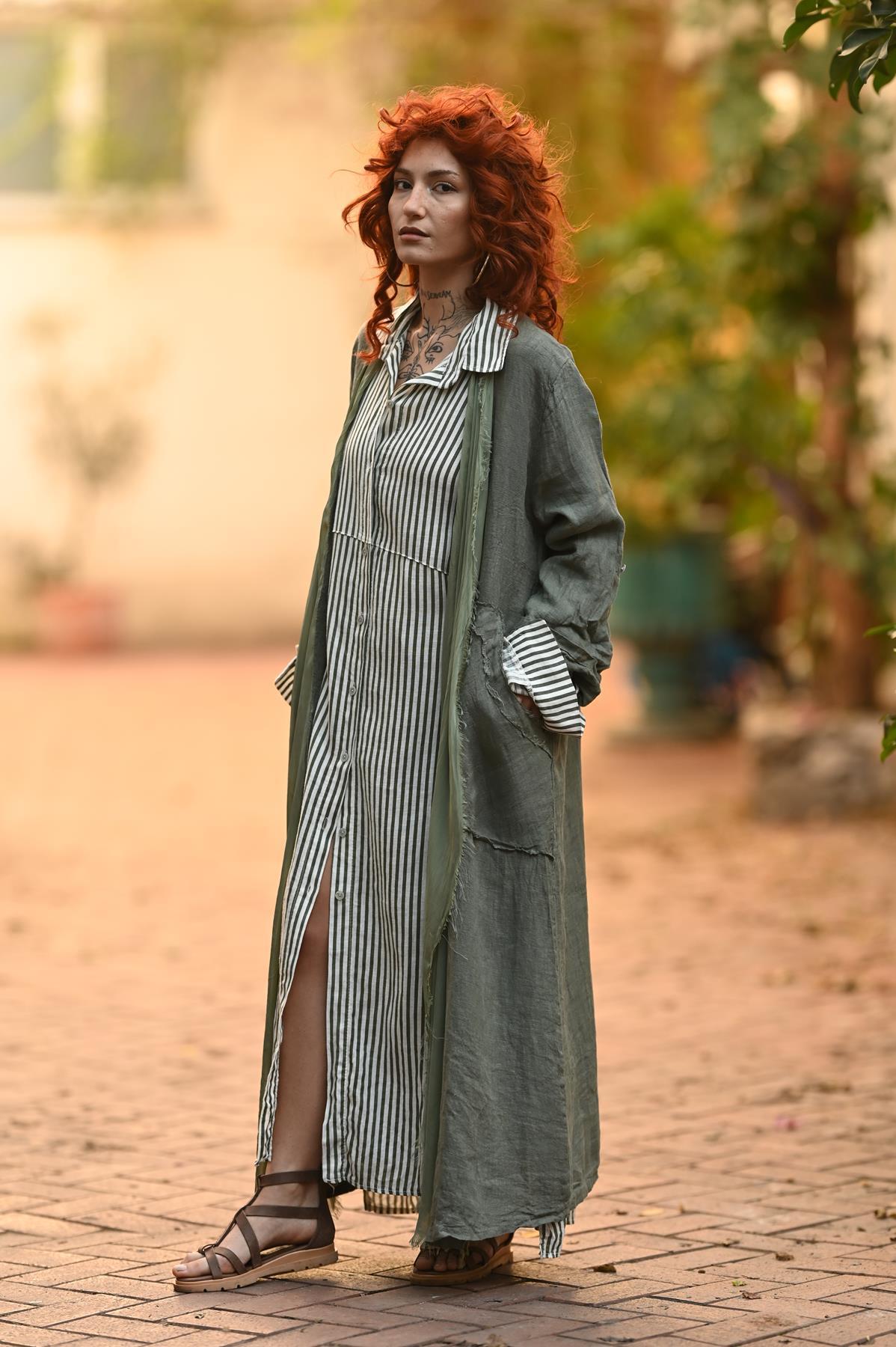 Khaki Fringed Linen Caftan