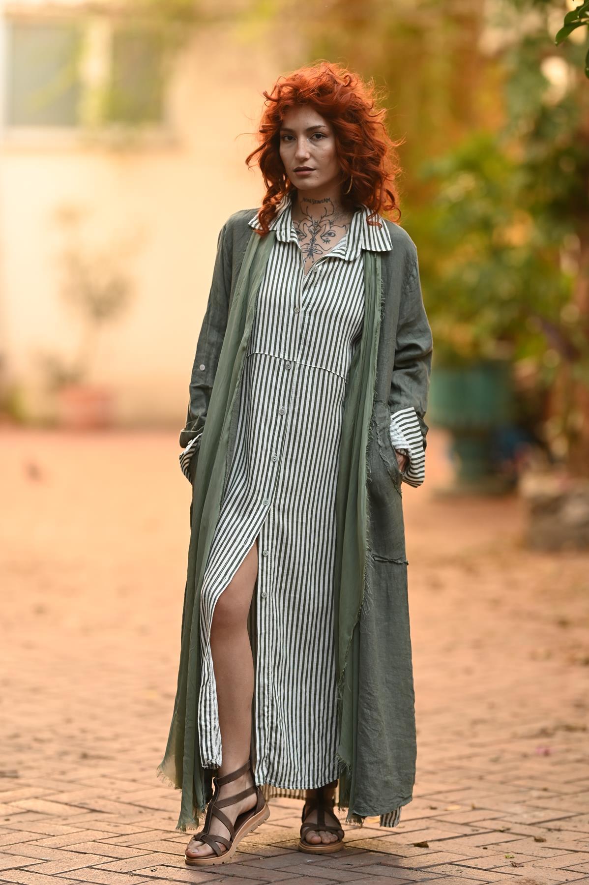 Khaki Fringed Linen Caftan
