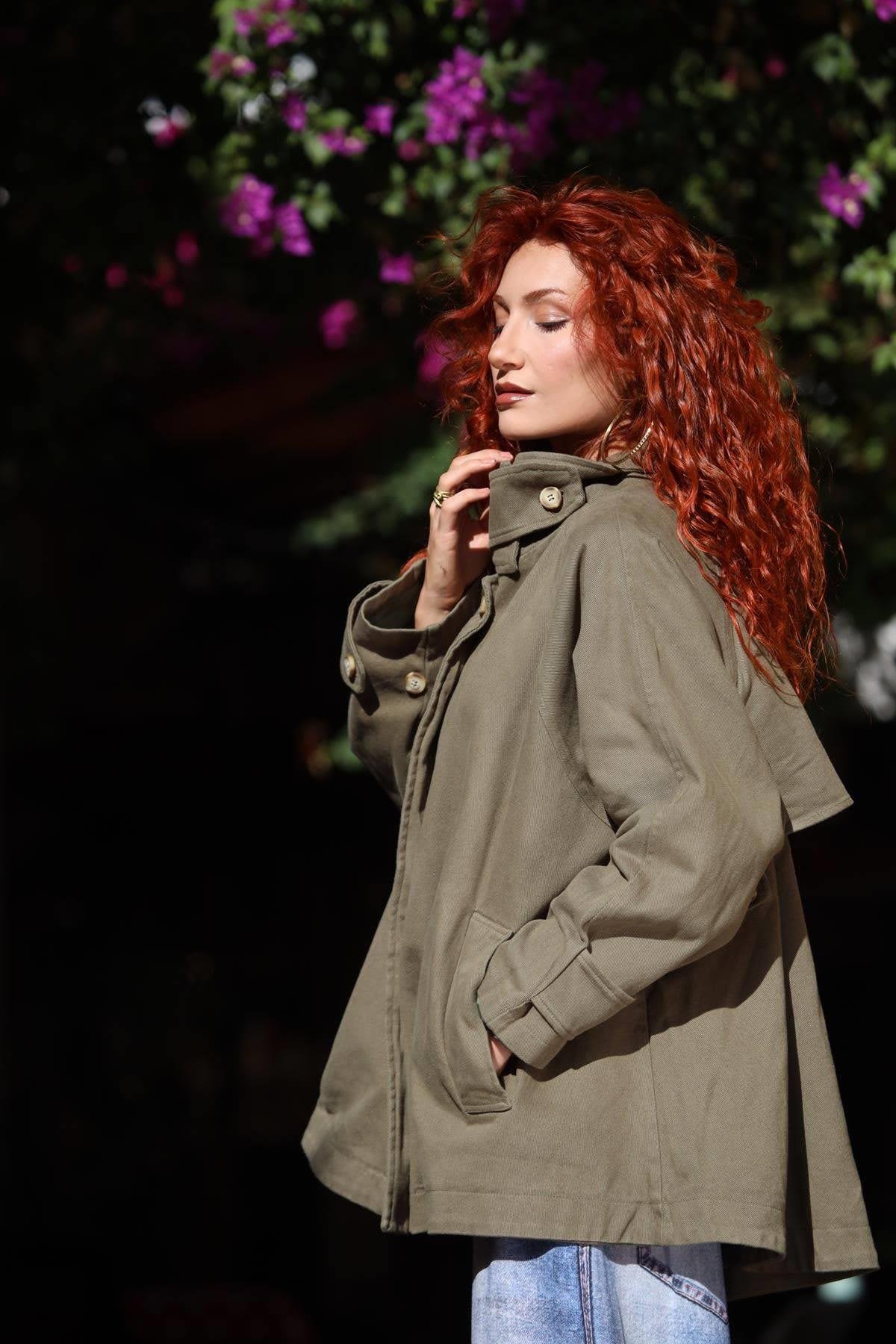 Haki Fermuarlı Kısa Gabardin Trençkot