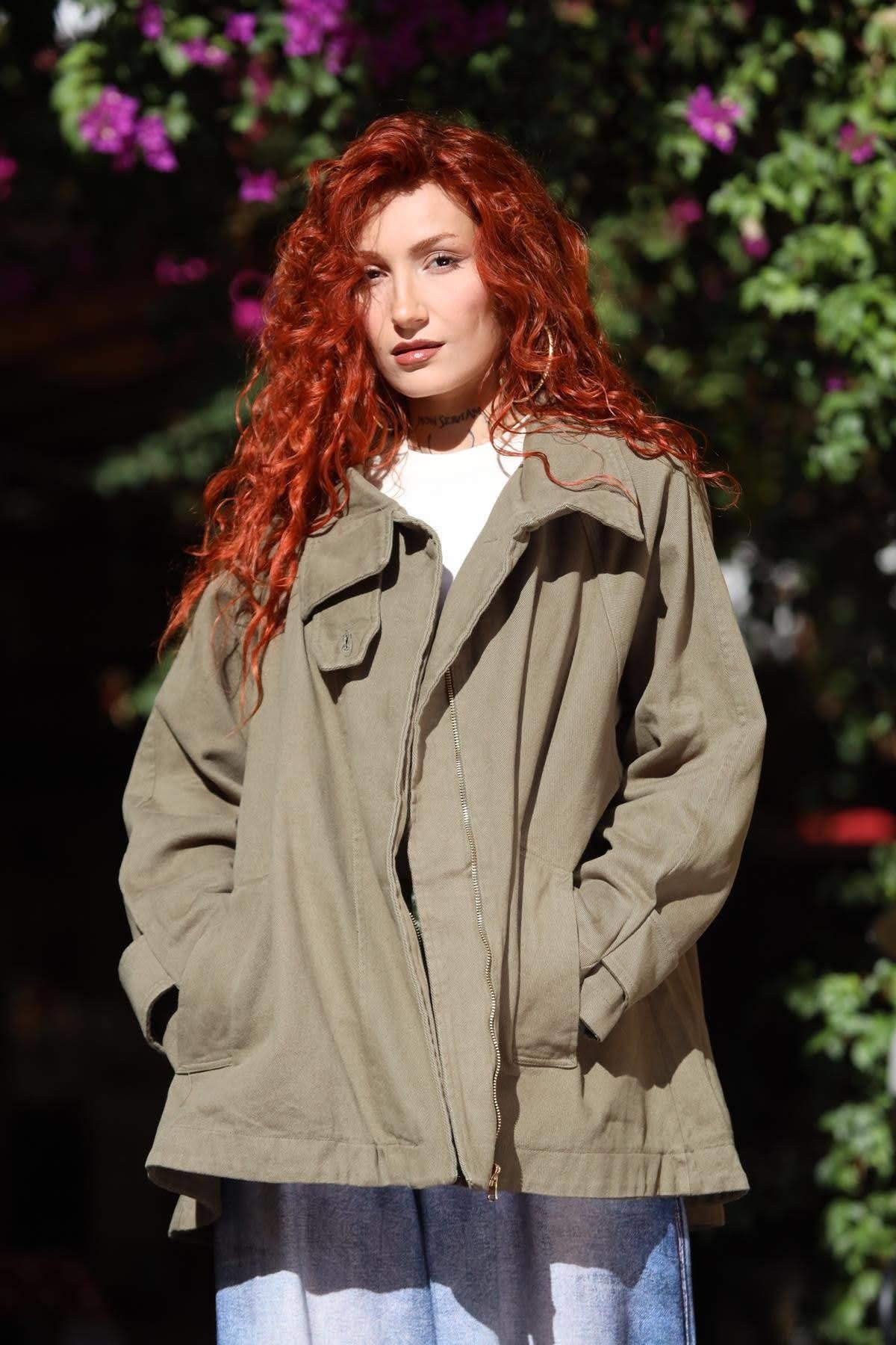 Haki Fermuarlı Kısa Gabardin Trençkot