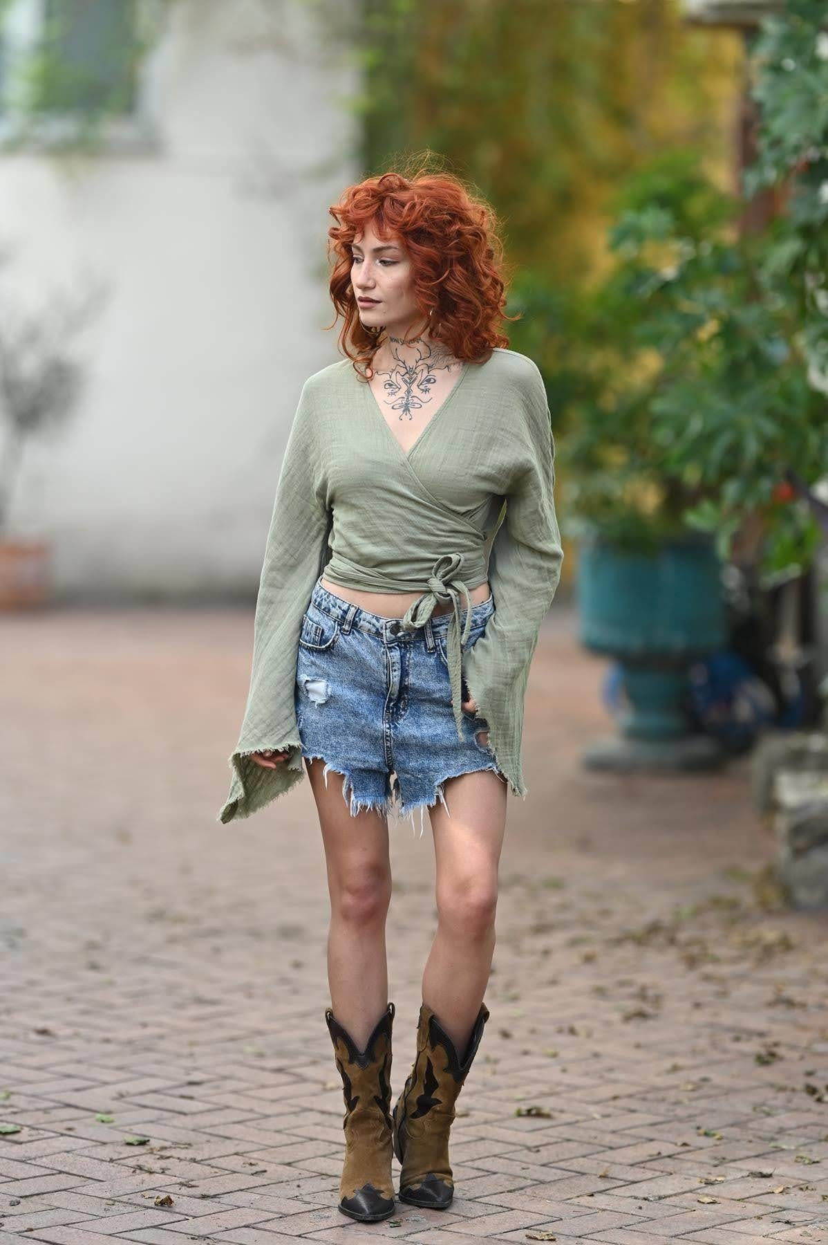 Haki İspanyol Kol Anvelop Crop Bluz