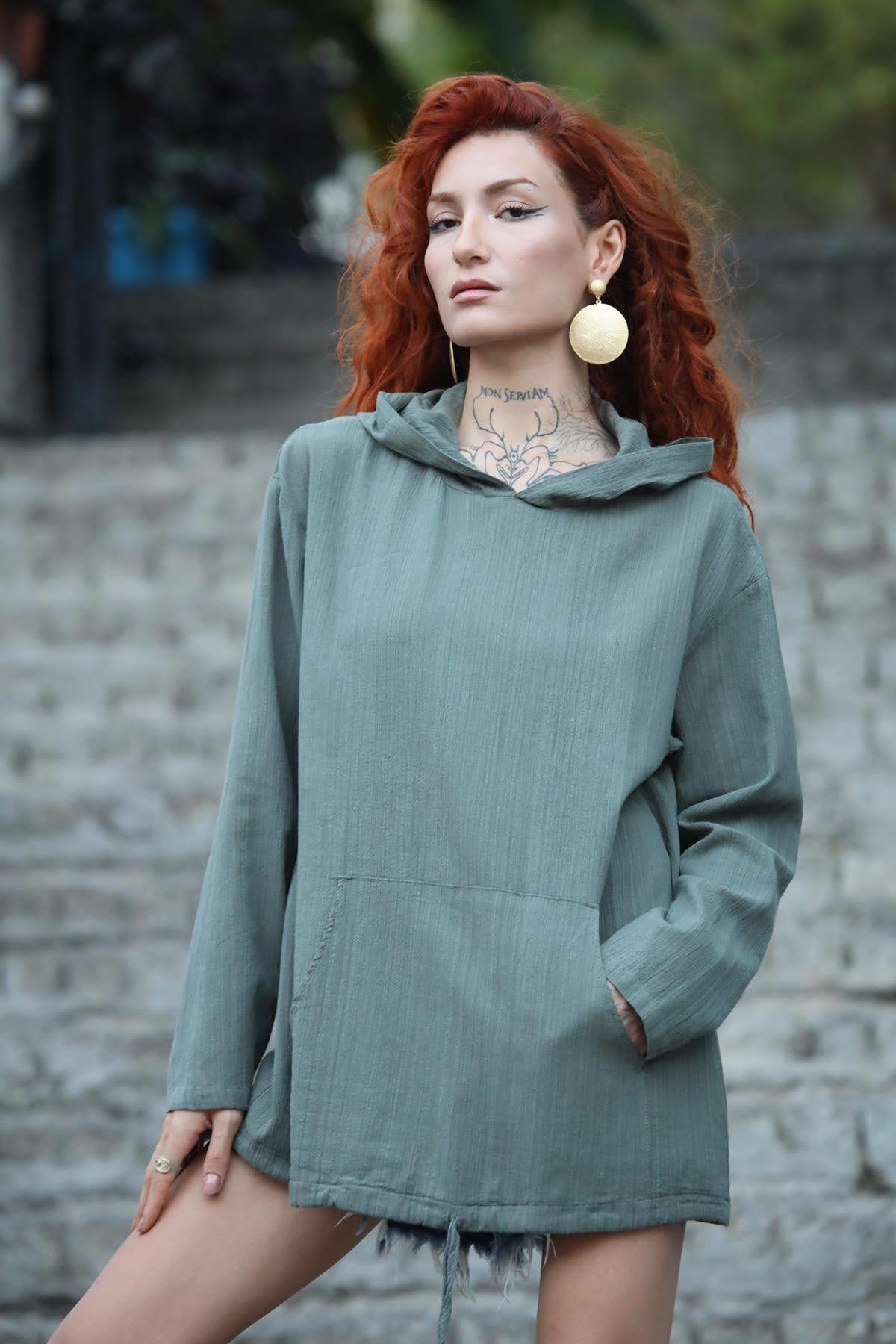 Haki Kapüşonlu Kanguru Cepli Büzgülü Sweat