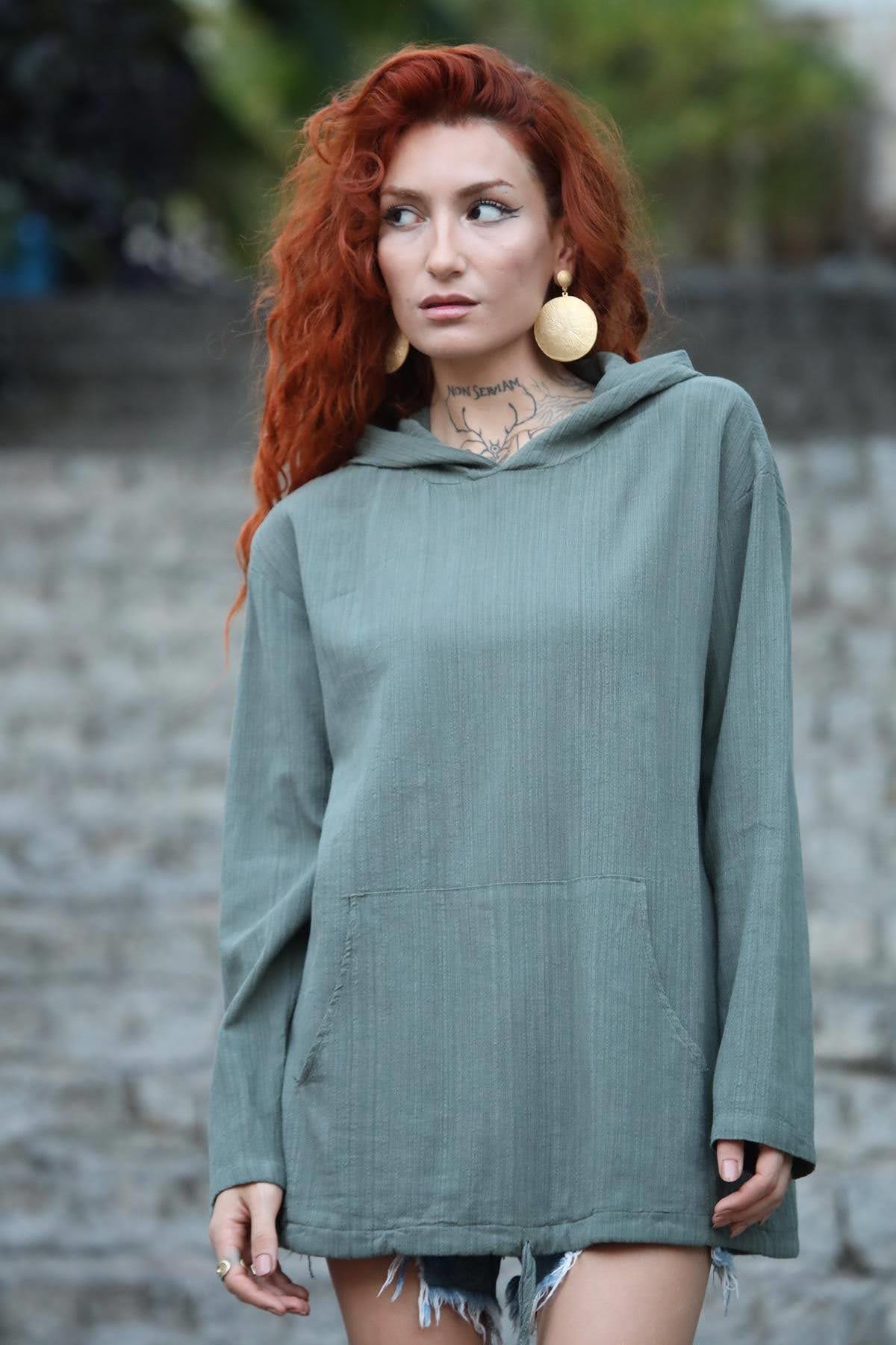 Haki Kapüşonlu Kanguru Cepli Büzgülü Sweat