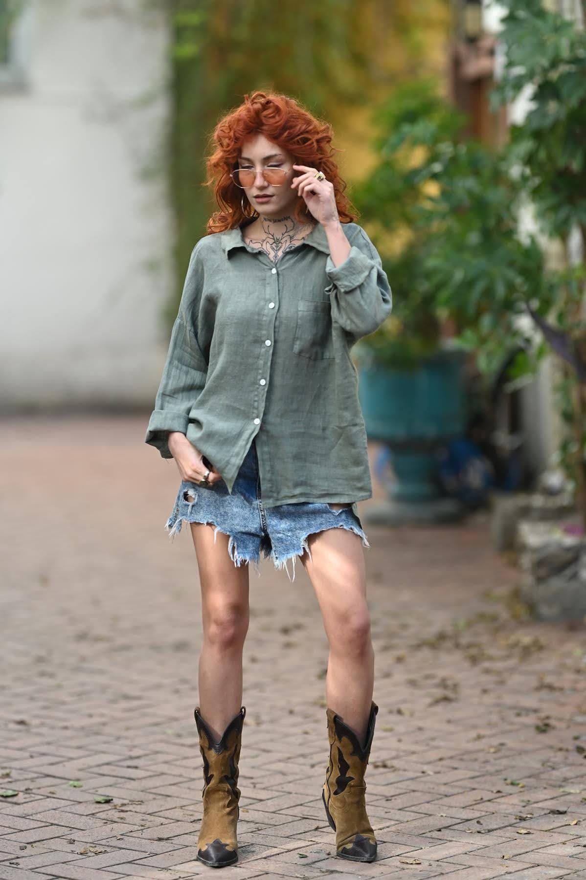 Haki Keten Arkası Halkalı Gömlek