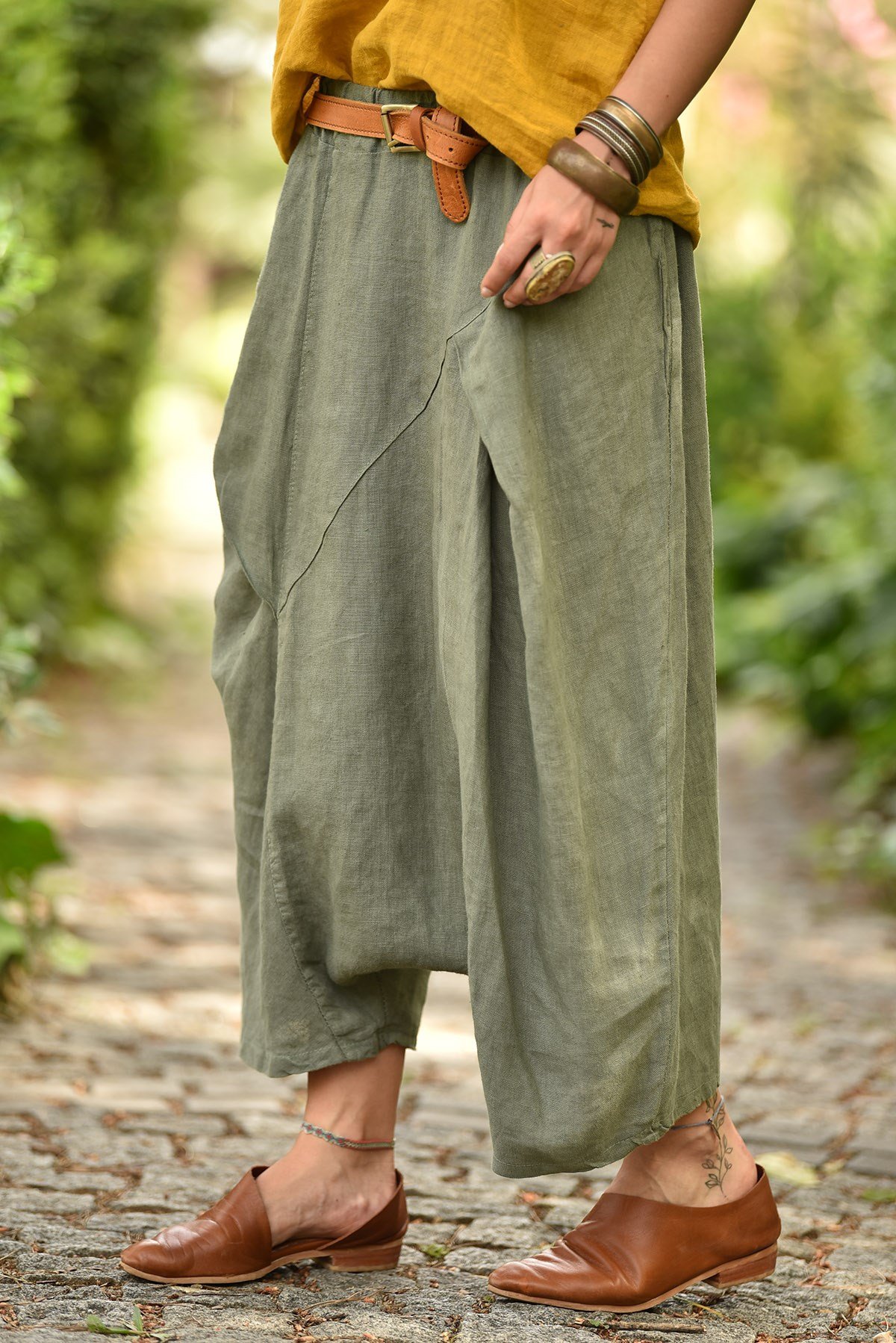 Haki Önü Dikişli Keten Şalvar