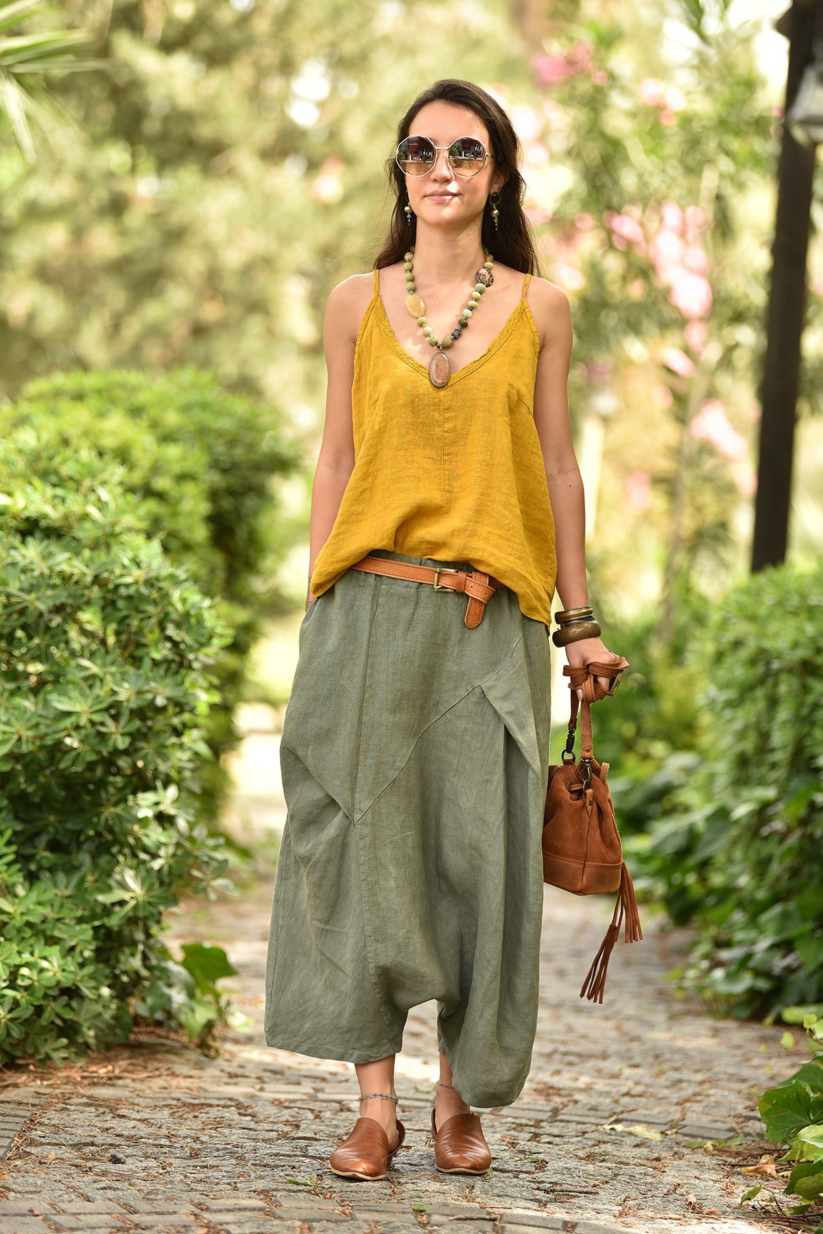 Haki Önü Dikişli Keten Şalvar