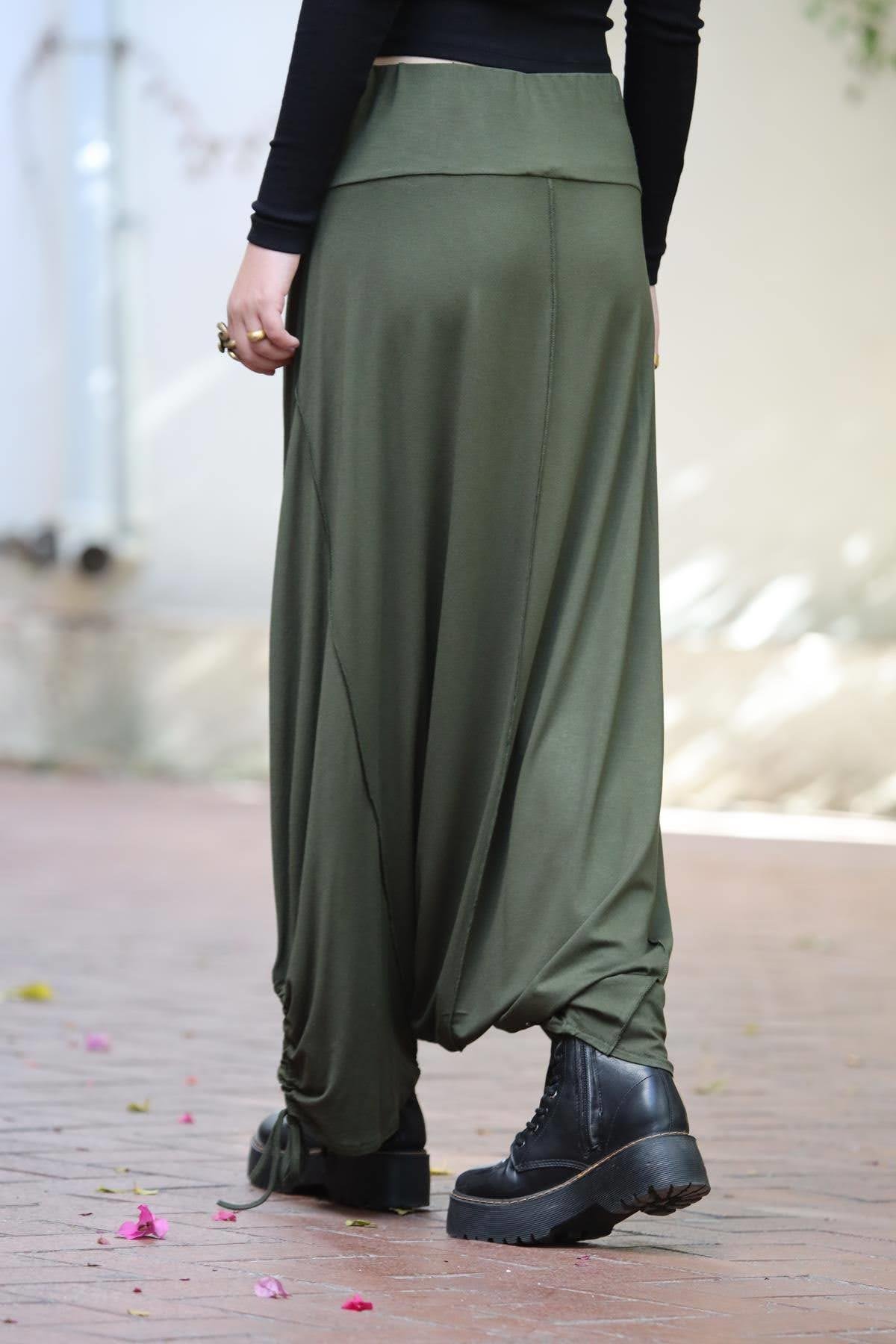 Haki Paçası İpli Dikiş Detay Şalvar