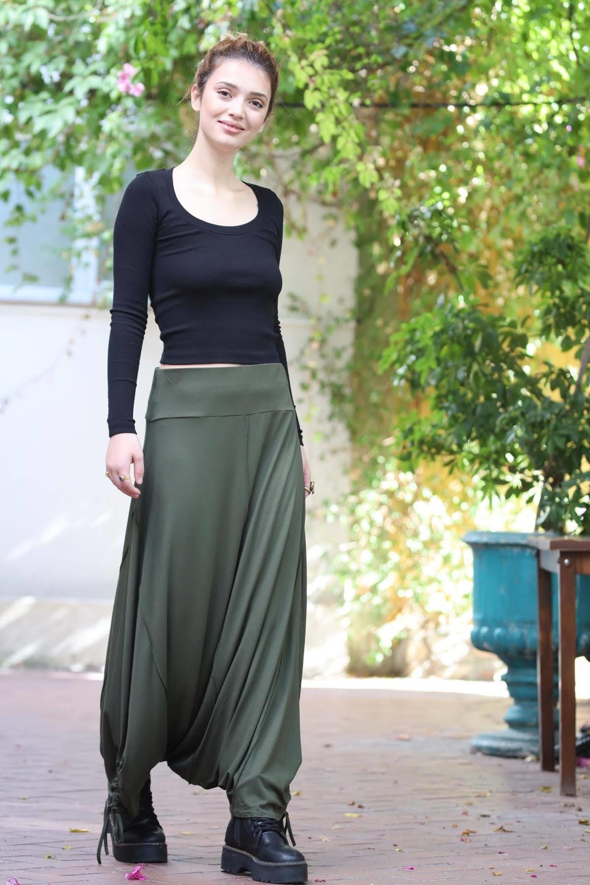 Haki Paçası İpli Dikiş Detay Şalvar