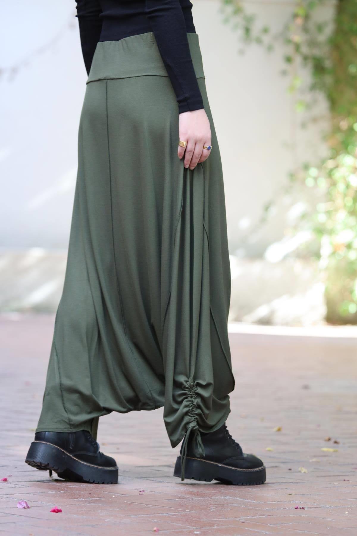 Haki Paçası İpli Dikiş Detay Şalvar