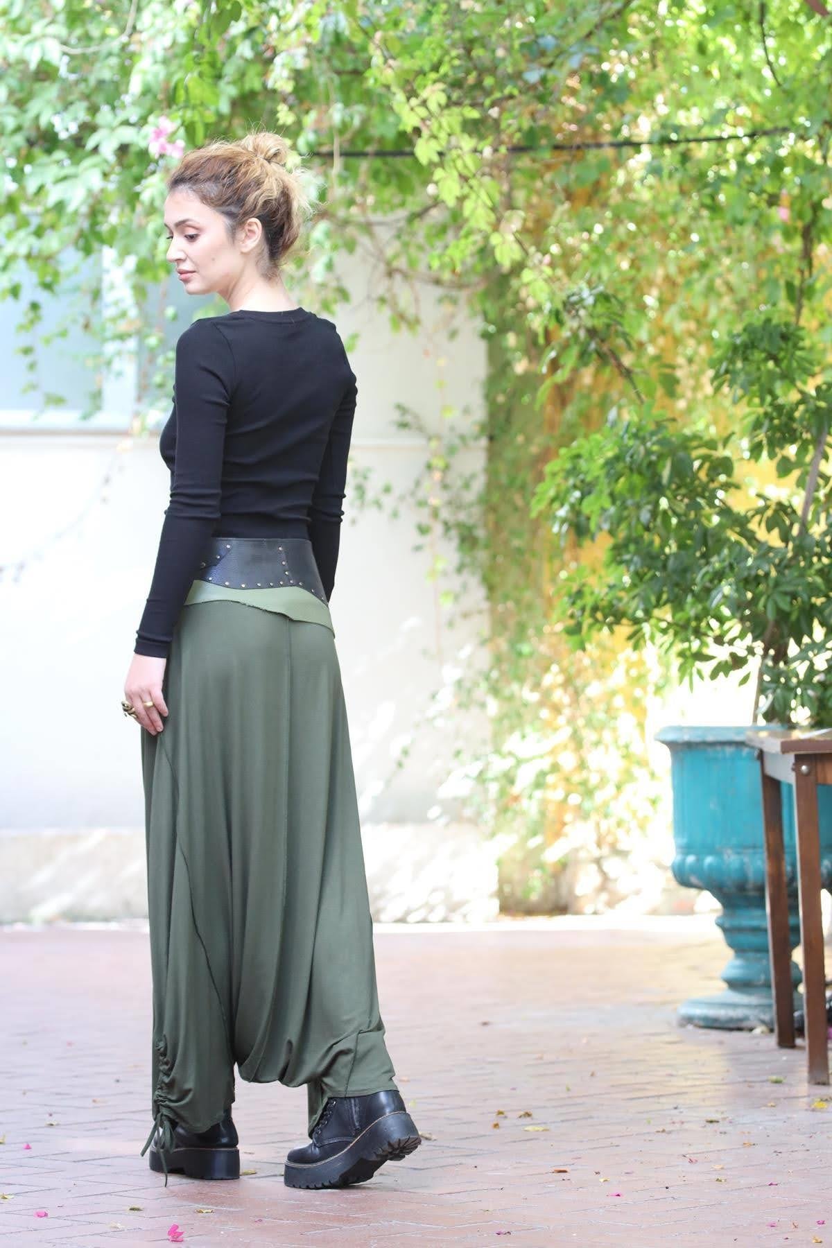 Haki Paçası İpli Dikiş Detay Şalvar