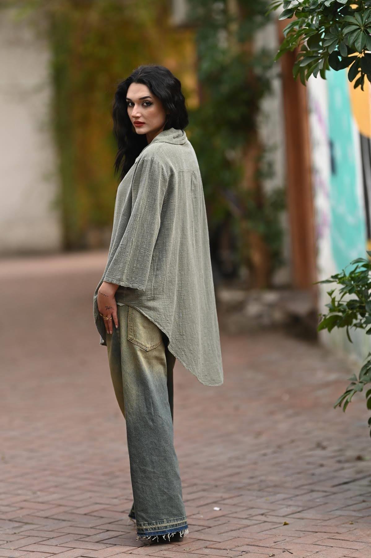 Haki Uzun Oversize Gömlek