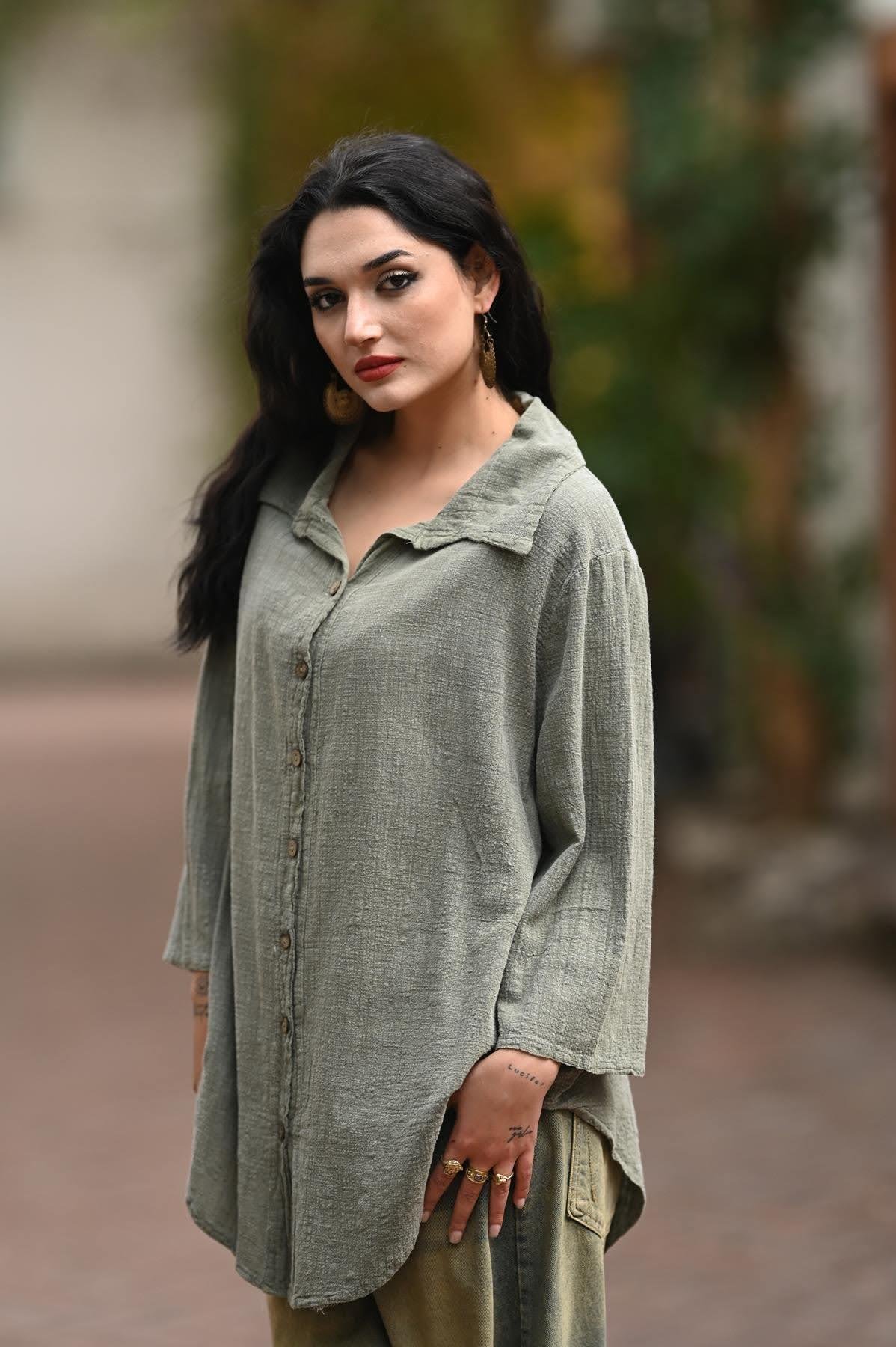 Haki Uzun Oversize Gömlek