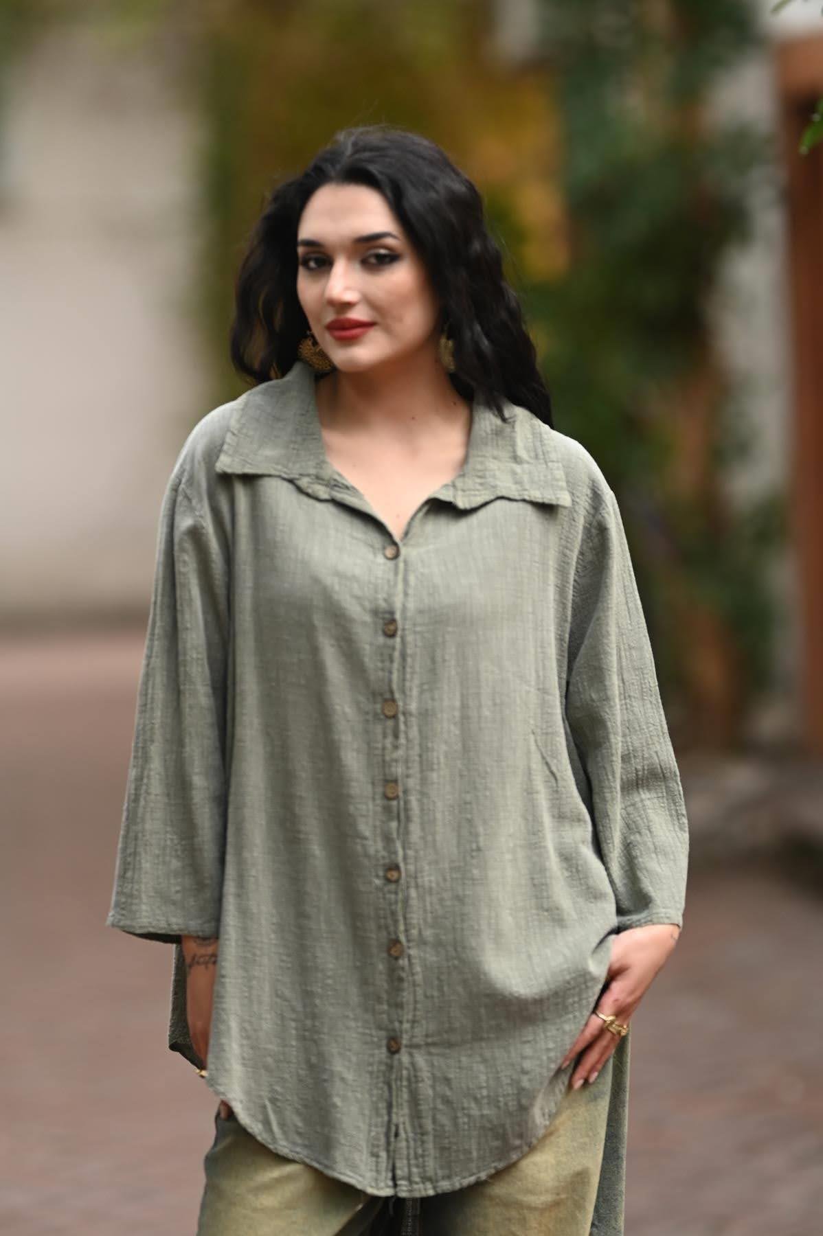 Haki Uzun Oversize Gömlek