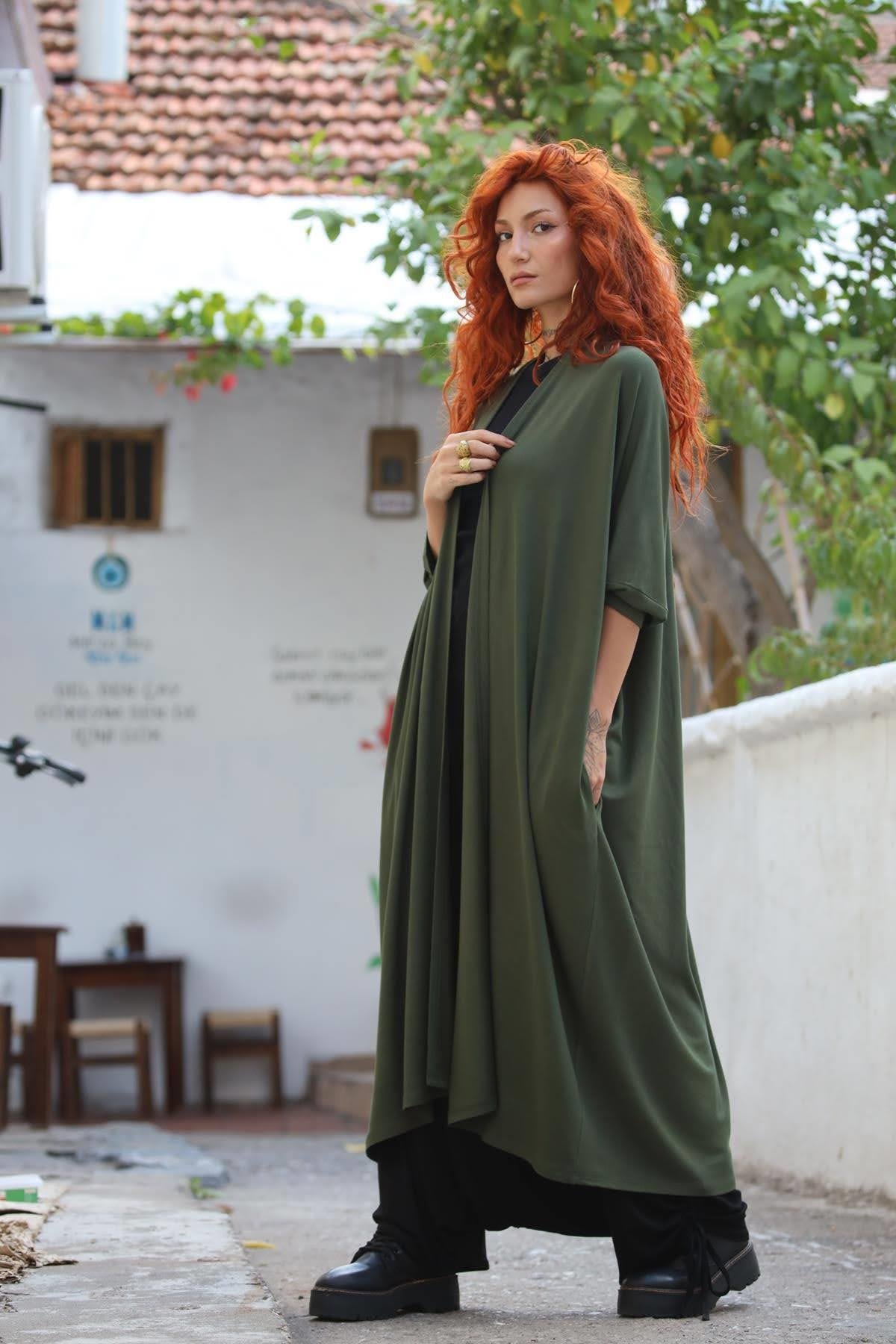 Haki Uzun Triko Hırka